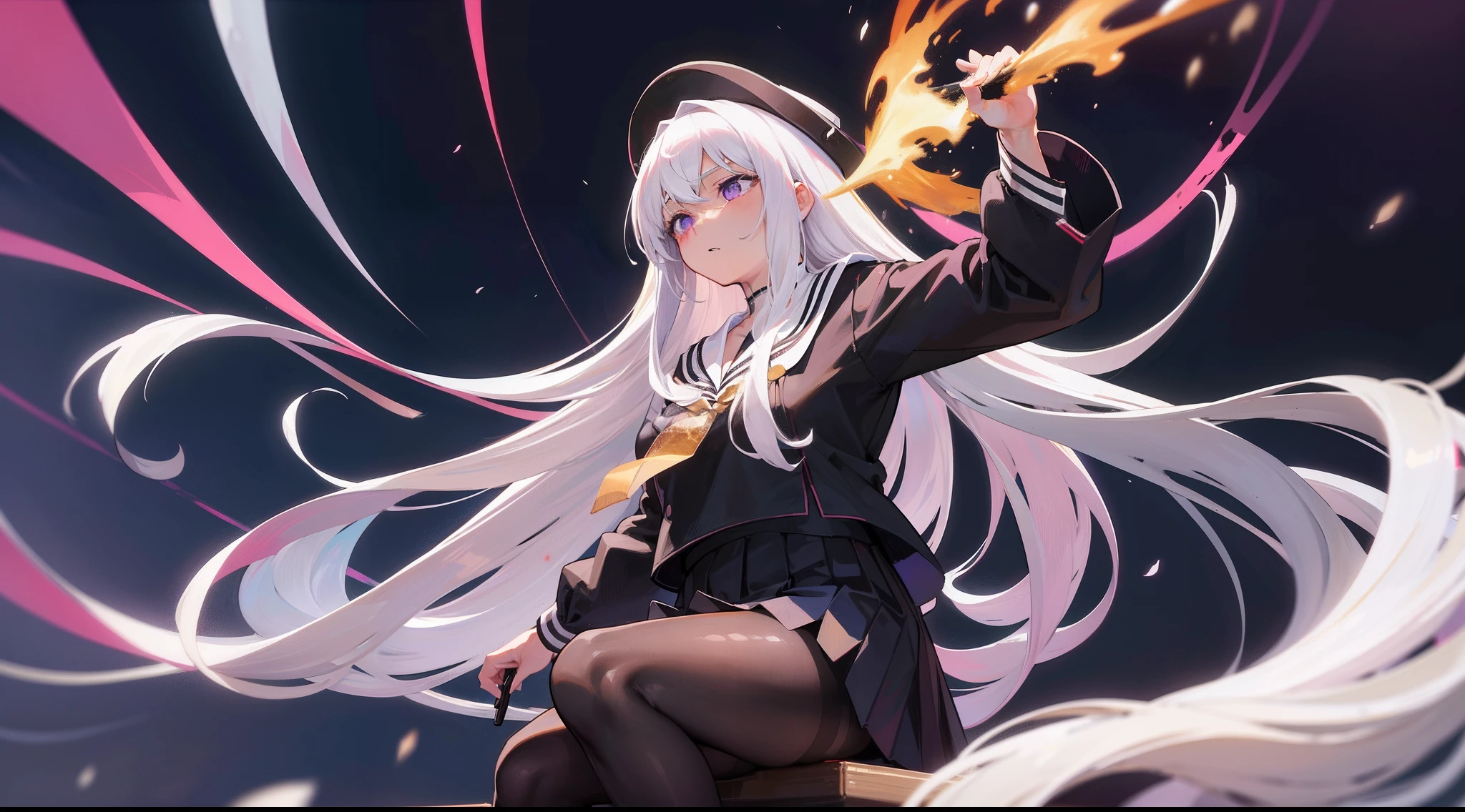 Long white hair, Deep purple eyes, Black pleated skirt，Inside was a white sailor suit，Wearing black pantyhose, Plump body, An anime character, Only one person，Drinking brown drinks on the street