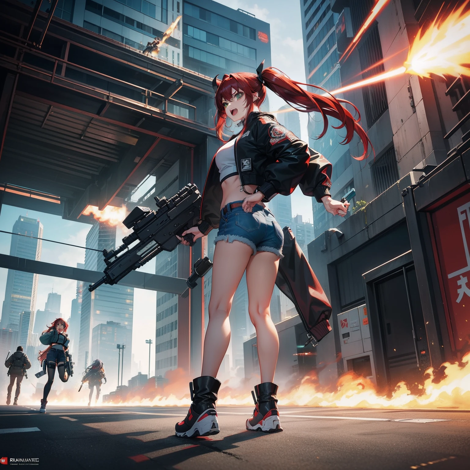 Full body shot, female asian Irina Shidou red hair twintails green eyes, in a cyberpunk city, wearing a bomber jacket and crop top and denim shorts, standing next to a Nissan GT-R, holding a big machine gun, holding a long laser rifle, shooting laser rifle, shooting lasers up at the sky, rapid fire, explosions, running and jumping, open mouth, screaming, frontal shot, side shot, rear shot, back shot, behind shot, masterpiece, highly detailed
