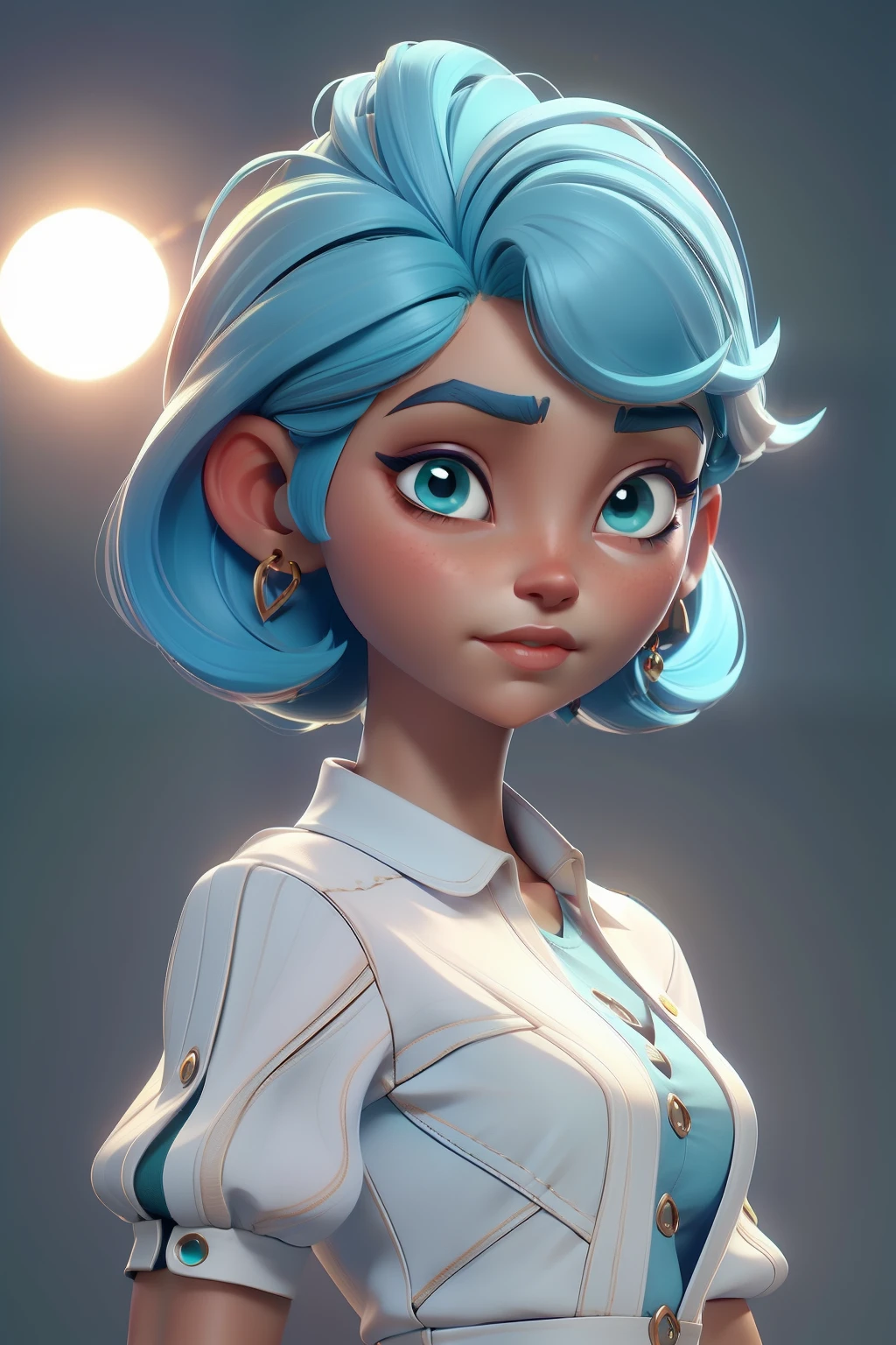 Personagem. De corpo inteiro, rosto estilo 3D, menina meiga e delicada, com cabelos longos coloridos,chocolate,Short blue hair,white t-shirt,green eyes,Round metal earrings,Silent colors,Sun rays,sun shades