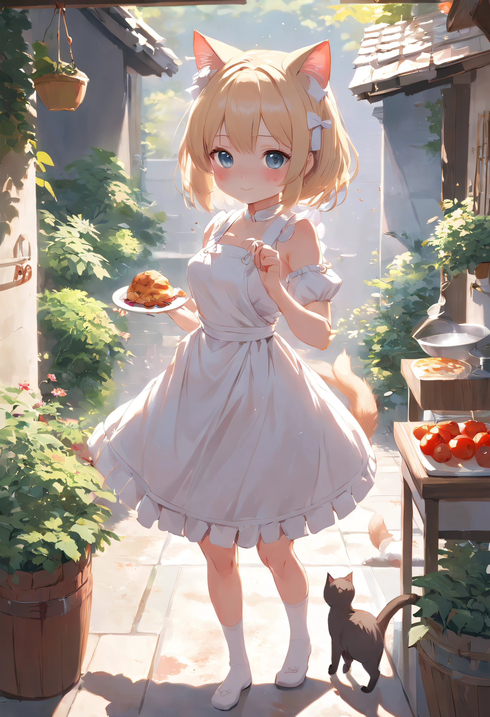 Anime cat-eared girl in white dress standing in garden, Making breakfast in the kitchen，loli in dress, small curvy loli, artwork in the style of guweiz, guweiz on pixiv artstation, guweiz on artstation pixiv, guweiz, small loli girl, soft anime illustration, Anime visuals of cute girls, Detailed Digital Anime Art、Cooking in the kitchen，