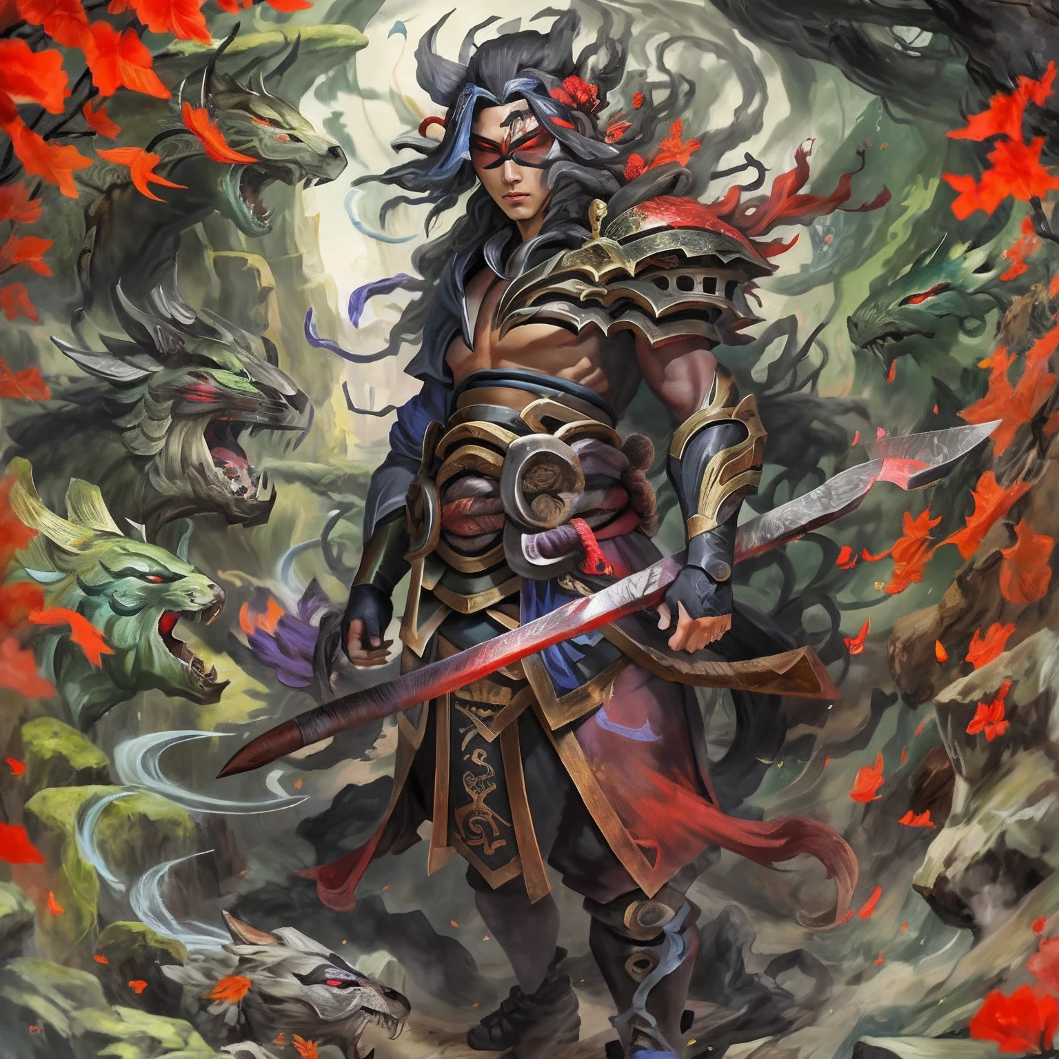 mystic ninja，rosto detalhado，olhos detalhados，olhos claros，Gui Zen，Detalhes em vermelho e preto, Roupas largas e grossas cobrem o corpo，standing on cliff，Aproveite o luxo de Yoshitaka Amano ao luar，genial，mitologia japonesa，O Contexto Complexo（Corpo inteiroesbiano），((dynamicposes))，Colorful wallpapers，altamente detalhado，master part，melhor qualidade，art stations