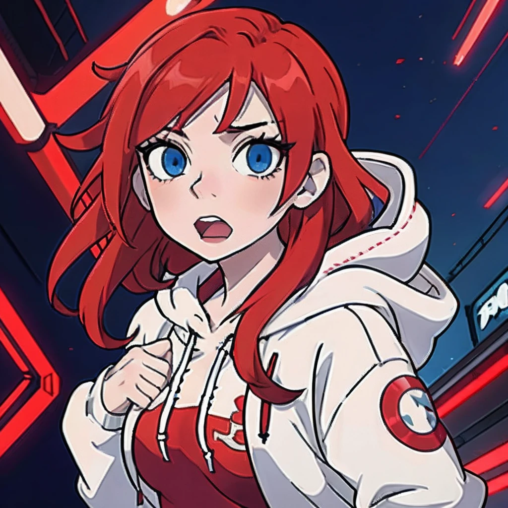 anime girl with red hair and blue eyes in a hoodie, she has red hair, in an anime style, in a hoodie, with red hair, in anime style, anime style character, iwakura lain, anime moe artstyle, anime style portrait, [[[[grinning evily]]]], cyberpunk anime girl in hoodie, (anime girl)