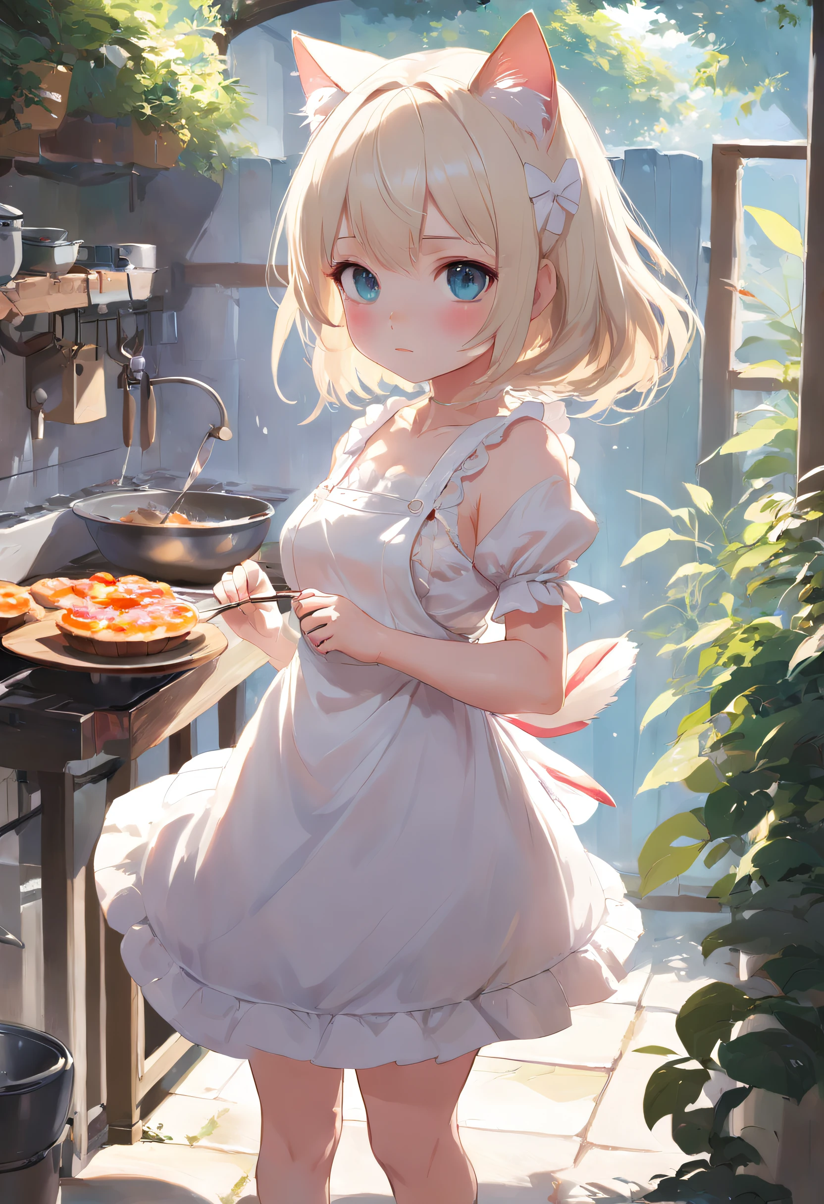 Anime cat-eared girl in white dress standing in garden, Making breakfast in the kitchen,loli in dress, small curvy loli, artwork in the style of guweiz, guweiz on pixiv artstation, guweiz on artstation pixiv, guweiz, small loli girl, soft anime illustration, Anime visuals of cute girls, Detailed Digital Anime Art、Cooking in the kitchen,