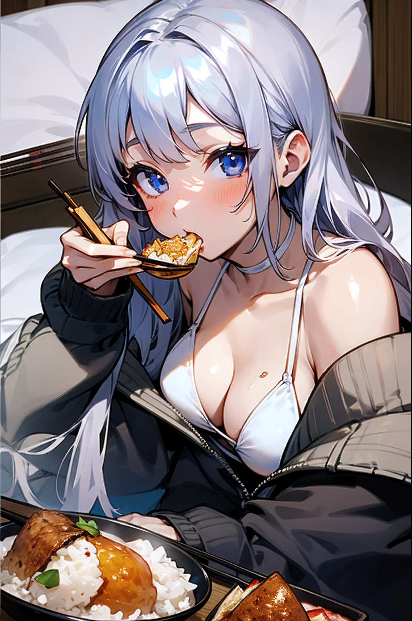 1girl in、独奏、(silber hair、Blue eyes、White bikinis imwear、Wearing a black jacket、Lying on the futon、Crawl on your stomach、Eat katsudon、holding chopsticks)