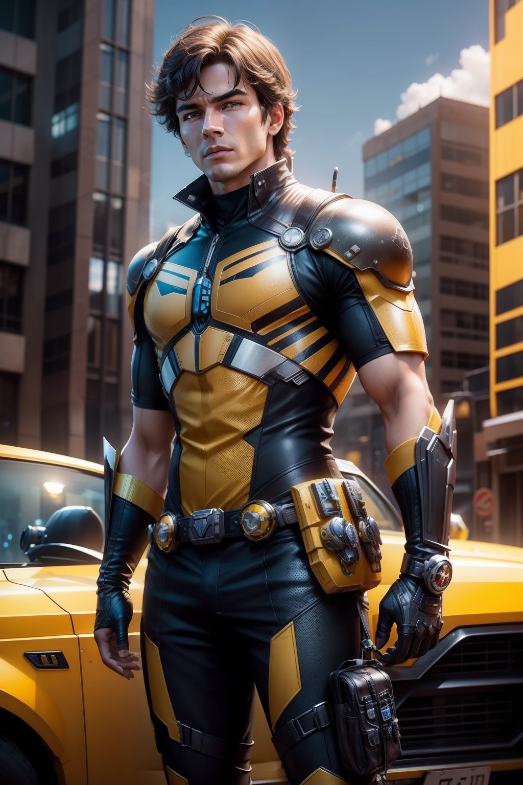 Bumblebee, solo man, fantastic, detailed, reality, mystical setting and future city