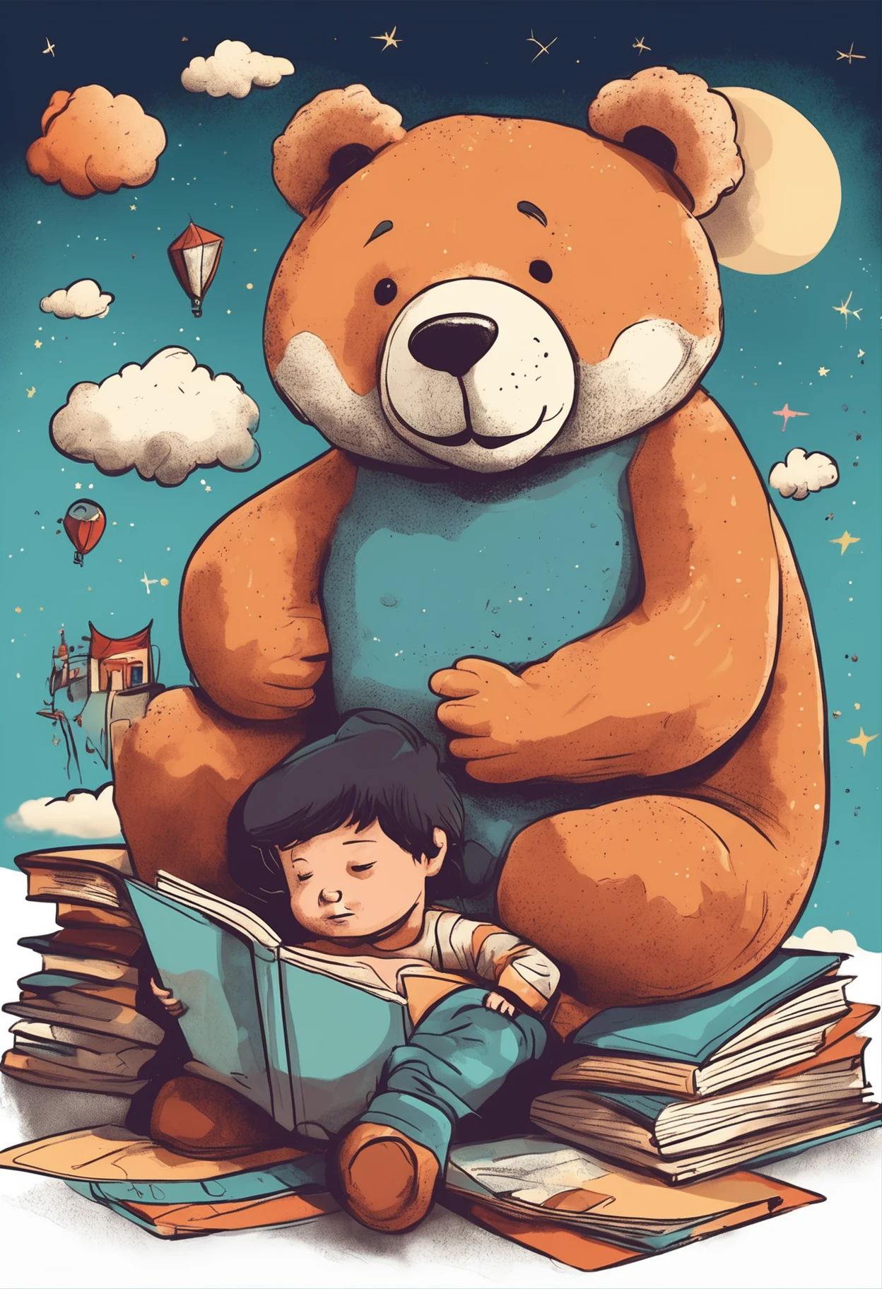 There's a child reading a book, A thought balloon where the story of friendship takes place, it's the story the child is reading, A book about emotions. Where the child is lying there are teddy bears and toys. An illuminated and fun sky.