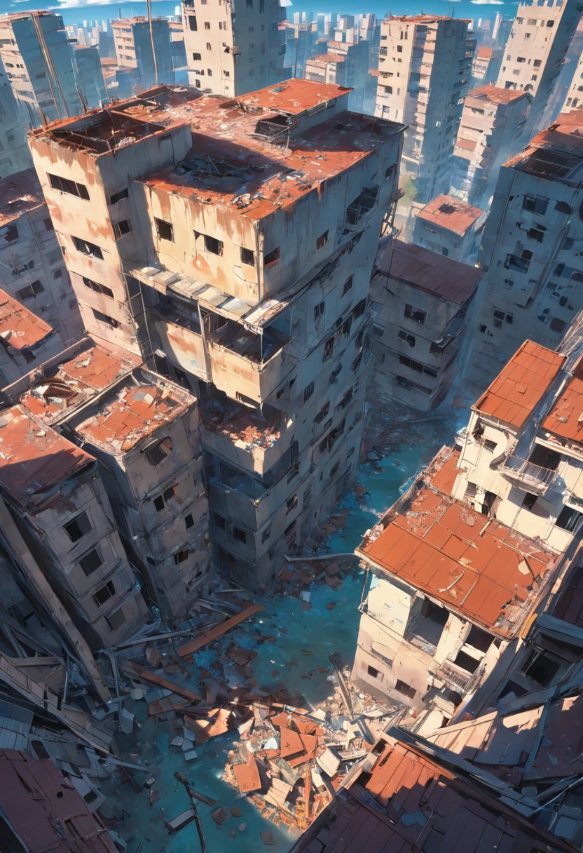 (((high quality))), highly_detailed, extremely_detailed_CG_unity_8k_wallpaper, illustration, highres, absurdities, beautiful_detailed_build, finely_detailed_architecture, high_detail_house_, bird, blue_sky, building, castle, city, phenomenon, cloud, cloudy_sky, daytime, faces_away, grass, horizon, landscape , mountain, nature, outdoor, overgrown, river, rock, ruins, landscape, sky, soil, standing, tree, water, waterfall
