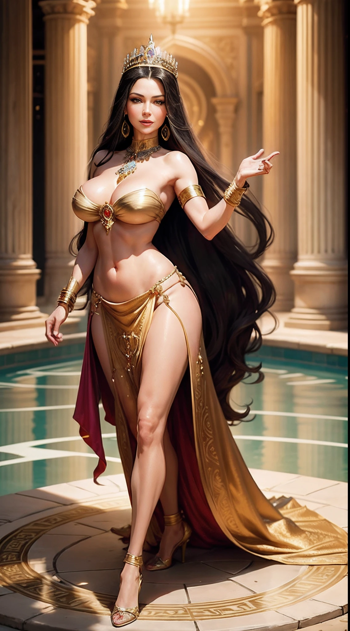 Catherine Zeta Jones, as Queen of Sheba, young, beautiful, completely naked, long earrings, long flowing hair, wearing a tiara, large breasts, deep cleavage visible, stepping into a roya bathing pool, smiling, long earrings, long hair, full body image, front view , photorealistic, high resolution