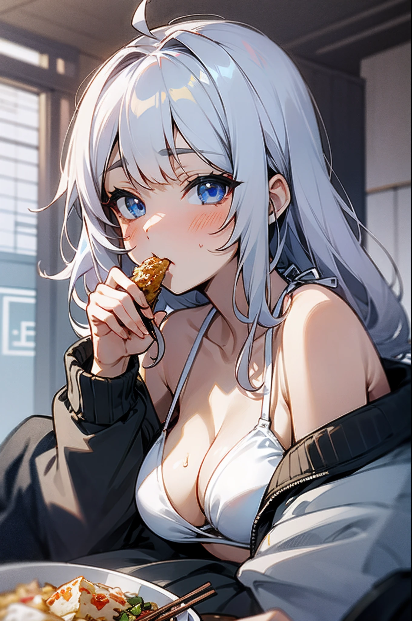 girl with、独奏、silber hair、Blue eyes、White top and bottom bikini、White bra、White panty、Wearing a black jacket、Lying on the futon、perplexed look、Eat katsudon、holding chopsticks