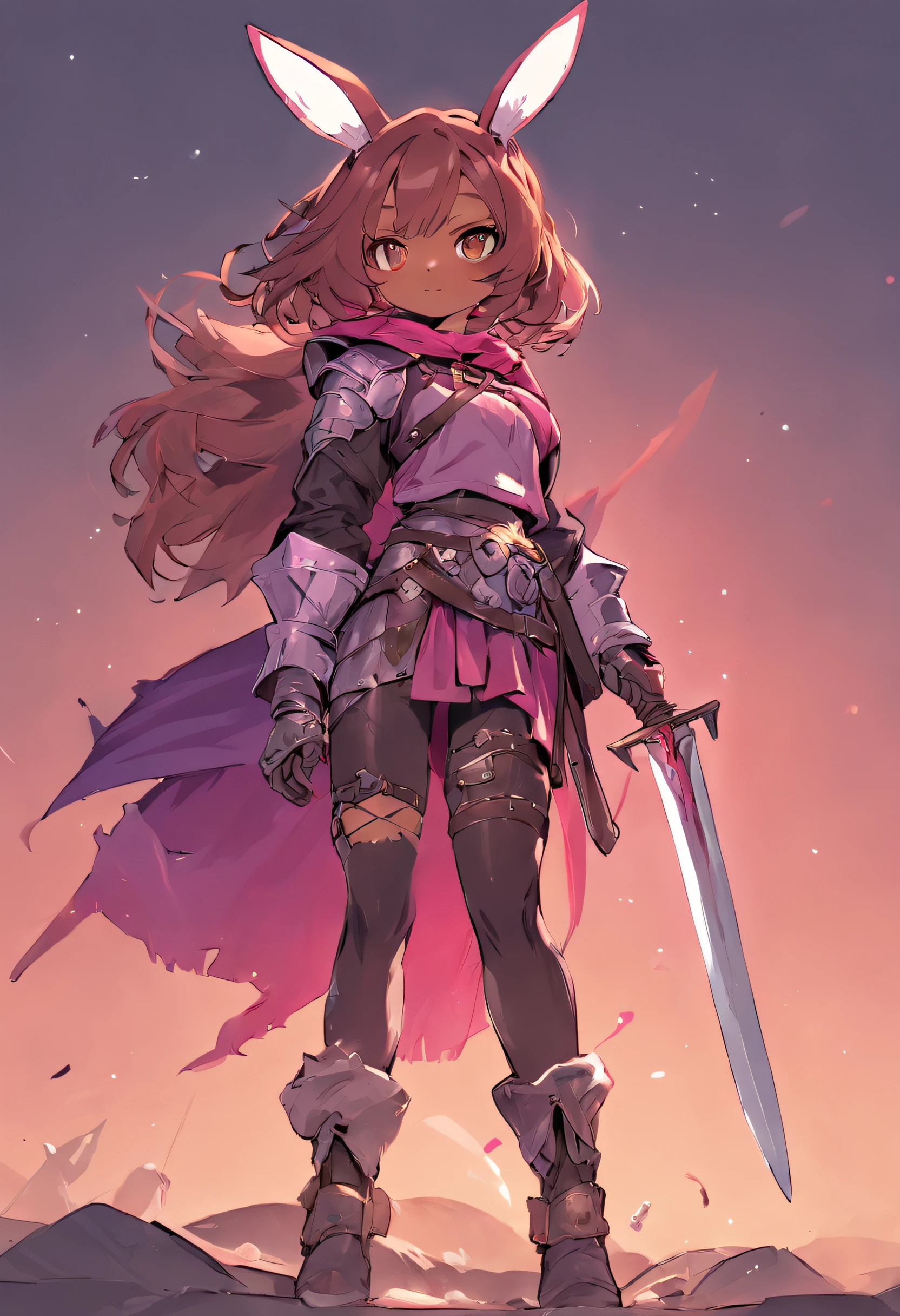 brown skin girl. Her figure, busty, curvy, proper direction, bunny ears, cat tail, Magenta hair color, dark magenta eyes, brown skin, sword in hand, large ragged cloth like cape wrapped around waist, chest armor, gauntlet, black long sleeve shirt under armor, chest armor, hoodie, properly drawn sword, magic sword, cloth wrapped around her waist, properly drawn sword in hand, bunny ears, cat's tail digital painting, digital illustration, extreme detail, digital art, Knight Armor, baggy puffy pants, metal boots, fully armored. cloth wrapped around her waist. Hold a sword in both hand. Baggy puffy pants.