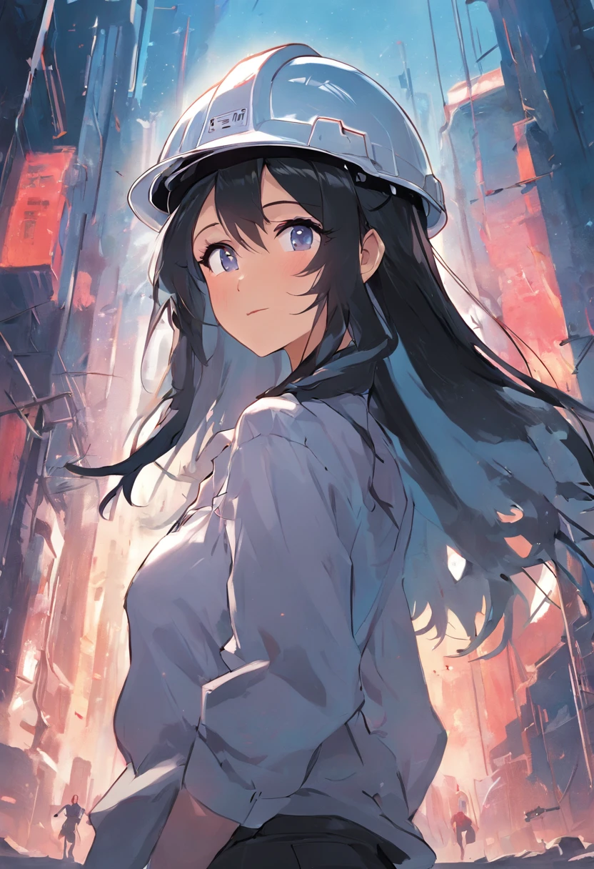 Here is a photo of a woman named Fernanda Suarez. She is a civil engineer and looks about 50 years old. She has long black hair and is wearing a white shirt. She’s smiling while wearing a construction helmet. The background is a futuristic buildings setting.