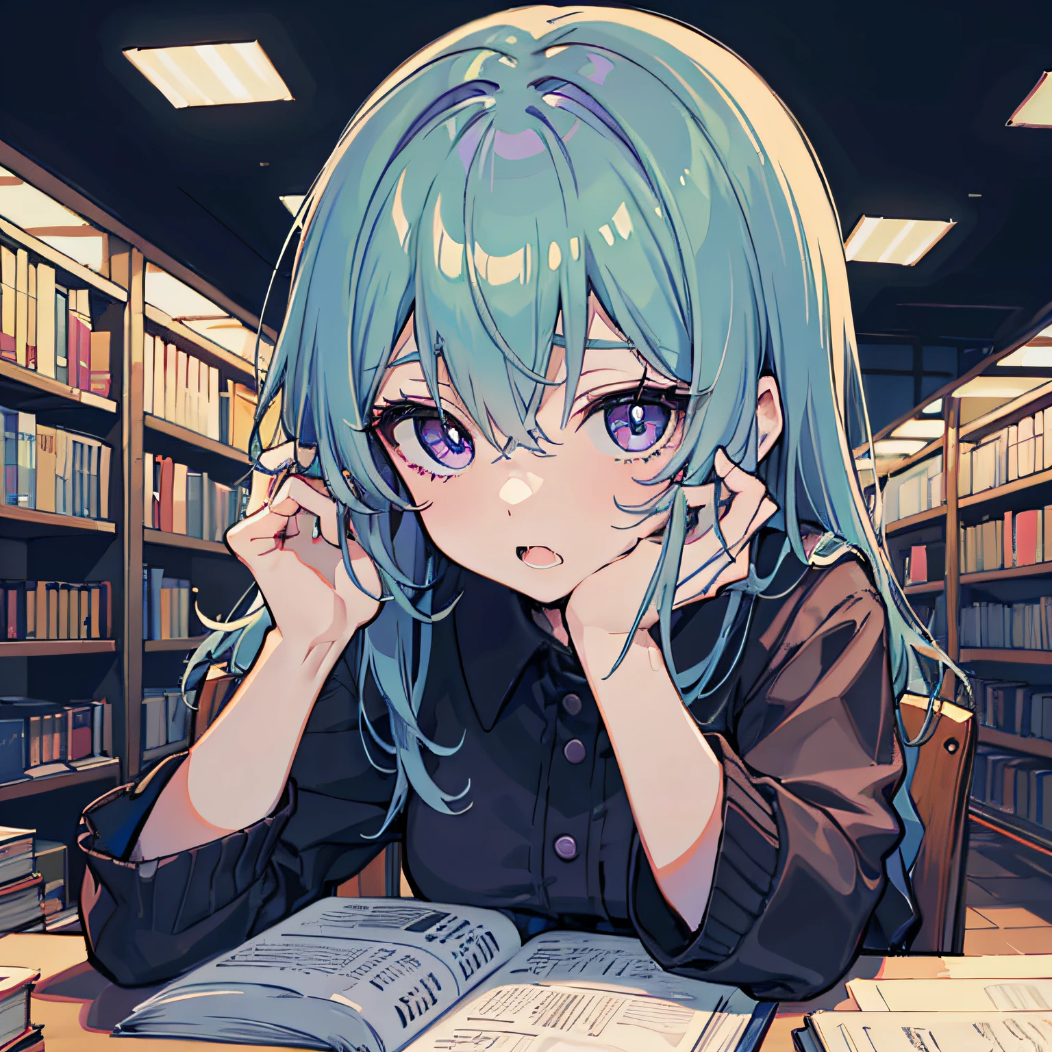 Beautiful woman　Studying　Focused face　on desk　atlibrary　deep in the night　murky　nighttime scene　starrysky　Test Preparation　Pupils　Purple hair　Beautiful eyes that seem to be sucked in