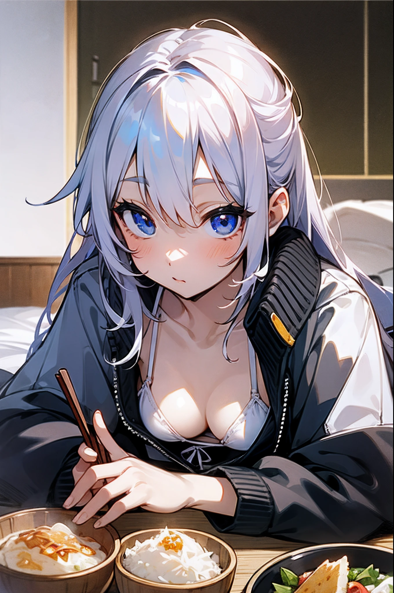 girl with、独奏、silber hair、Blue eyes、White top and bottom bikini、White bra、white panty、Wearing a black jacket、Lying on the futon、Crawl on your stomach、Eat katsudon、holding chopsticks