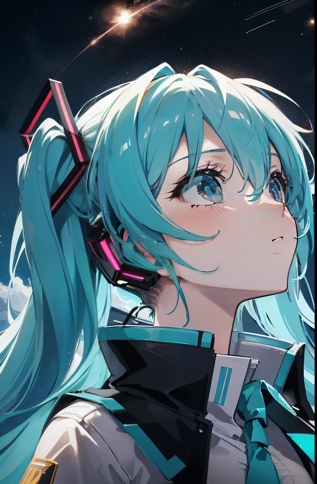 Big breasts Hatsune Miku,城市,the roof,Skysky,the night,meteors,Lateral face,head looking up,The perspective faces the sky