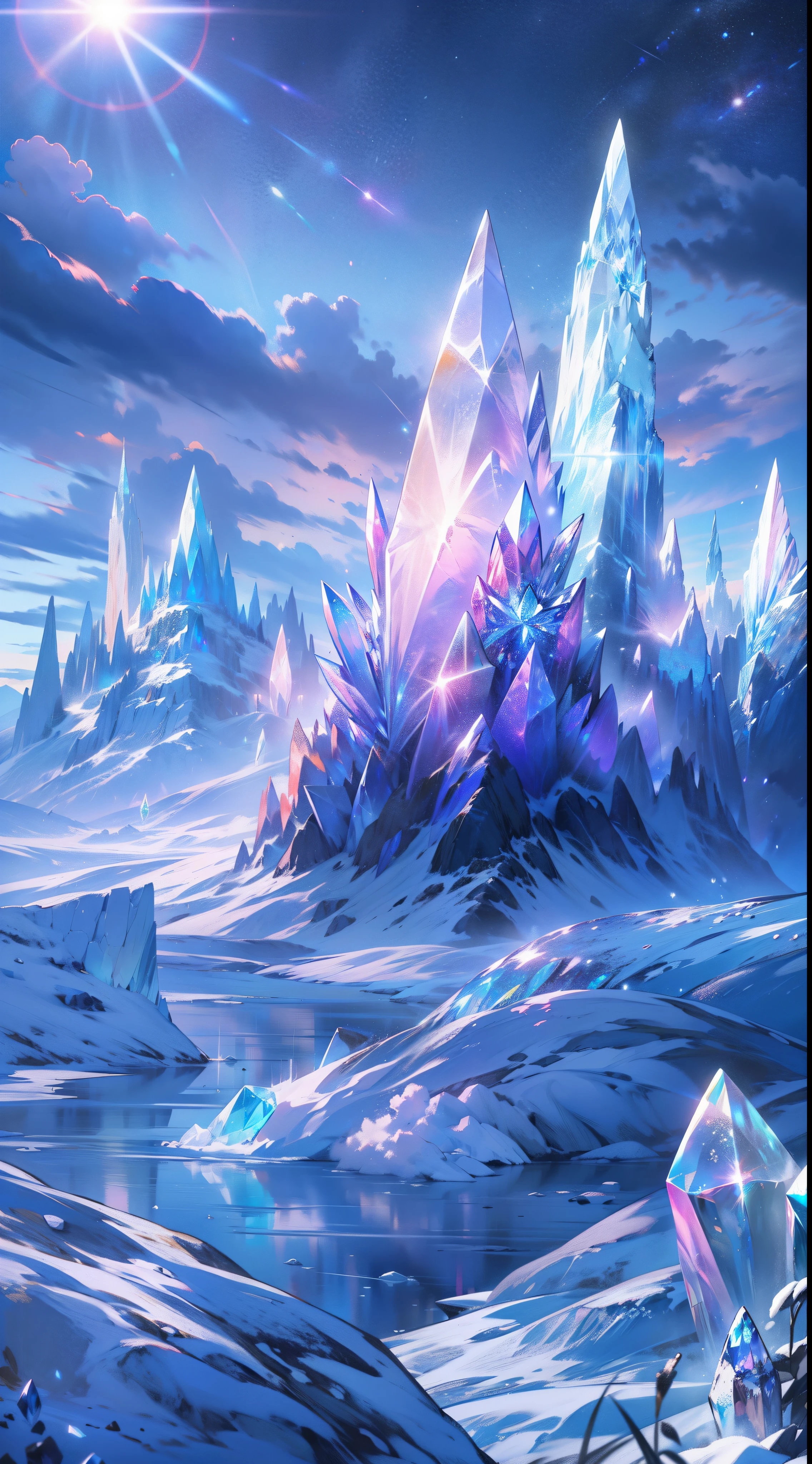 (masterpiece,bestquality),Land of Crystals,ice field,bright,Shimmering like a diamond, it shines like a crystal,Bright and vivid colors,(depth of fields:1.2),the night,Holy,Light-sensitive,crystal