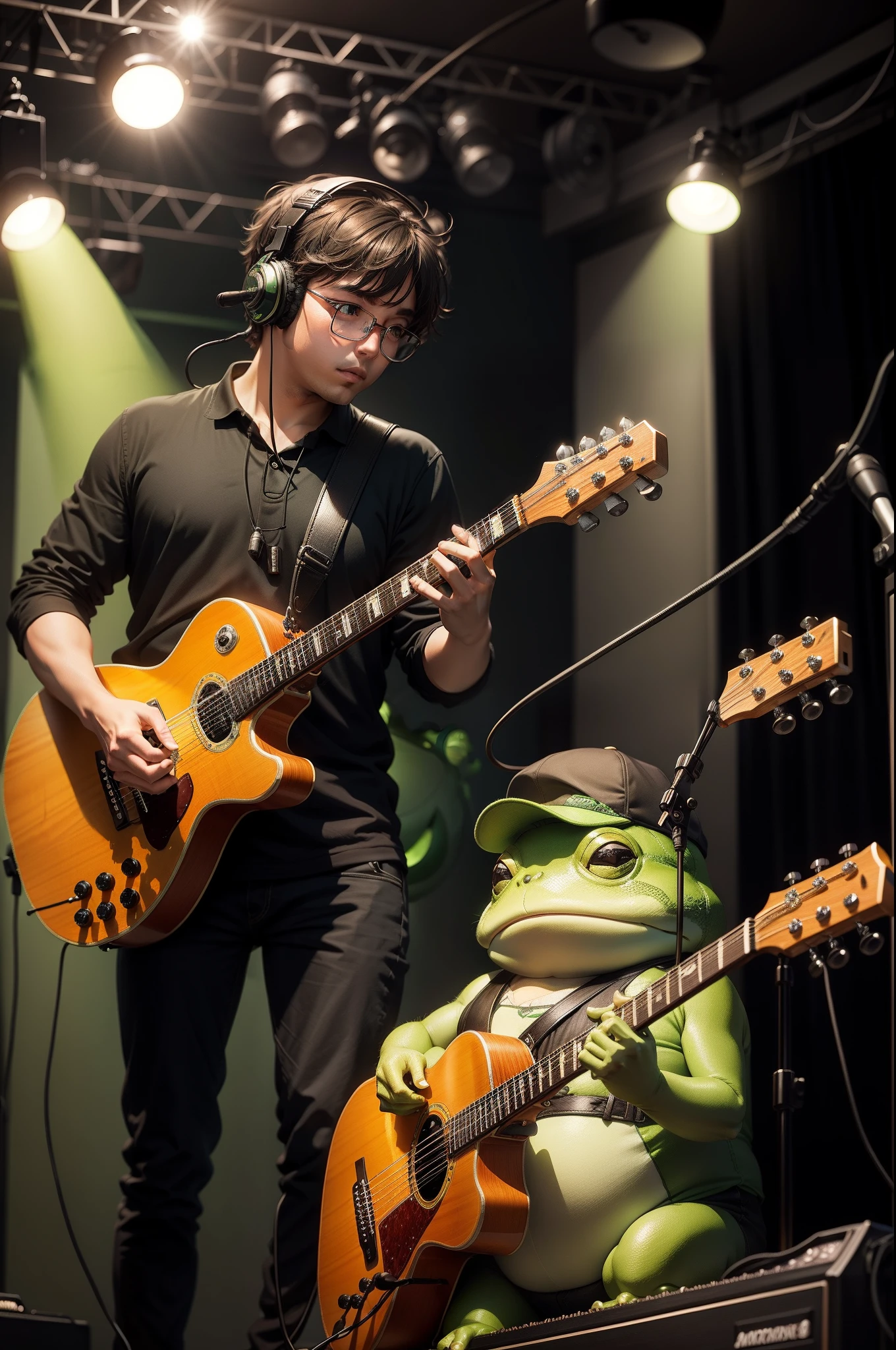 Masterpiece green fat frog with headphones,,guitar,spotlight lights
