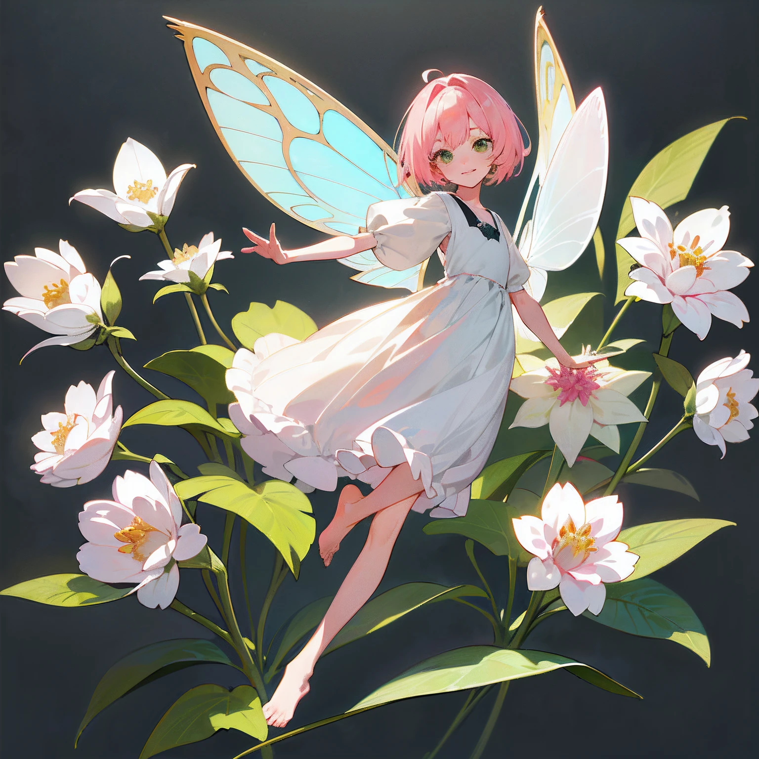 absurderes, hight resolution, (Anime style:1.1),((masutepiece)), ((Best Quality)), (Ultra-detailed), (Beautiful),((Kawaii Girl)、Top image quality、masterpiece、Flat background、without background、full body Esbian、11 year old、女の子1人、独奏、cute little、50mm portrait、Delicate facial features、semi - realistic、foco nítido、Crystal clear white skin、full body Esbian、(Hair color:Pale yellow-green)、Flower Garden、Smell flowers、are flying、(A small fairy with a total length of about 10 cm:1.2)、(gently smiling)、Detailed eyes in pink color、(bare-legged)