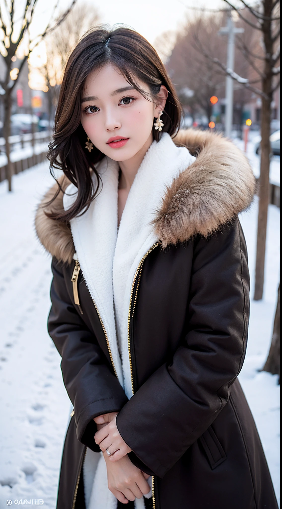 1 girl, bare_tree, brown_eyes, brown_hair, building, coat, cross_earrings, earrings, fur, fur trimmed_coat, fur_collar, fur_scarf, fur_trim, jewelry, lips, shorthair, looking_at_viewer, outdoors, snow, snow, solo, tree, upper_body, Winter, winter_clothes, detailed_eyes,Big breasts, arms close together, Chest facing camera, Big, Ears out, Golden ratio face, Golden ratio body, Best quality, Ultra high definition, Bangs