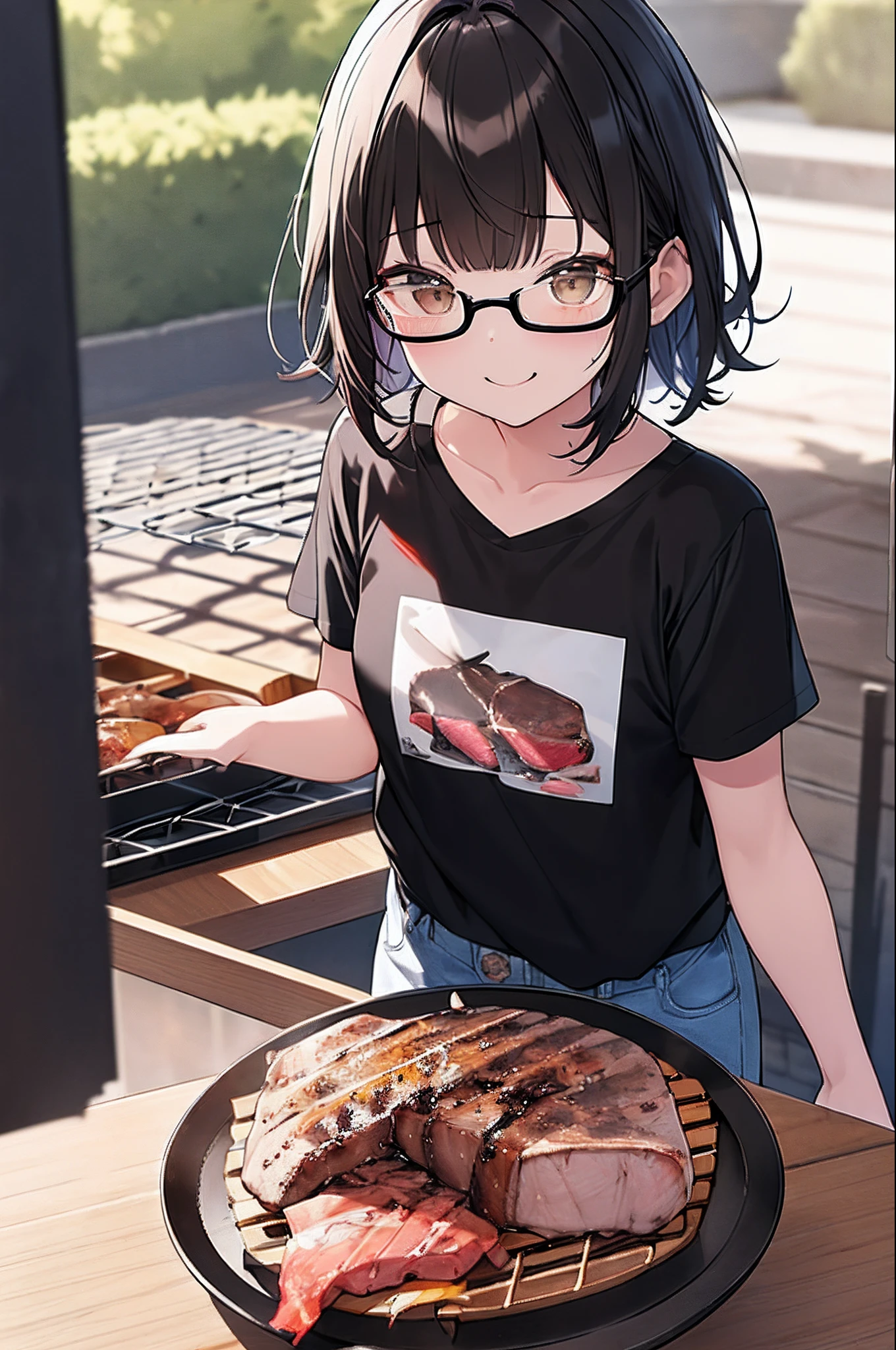 (masutepiece, Best Quality, Capture super cute moments, depth of fields, ultra-detailliert, Ultra High Resolution, C4D, Octadale, 3D Modeling, 8K, 16 K, one girls、a 、A dark-haired、short-hair、straight haired、Light brown eyes、hair adornments、wearing black glasses、kawaii faces)、tshirts、JINS、Grilling meat with a net、Grilling meat on a griddle