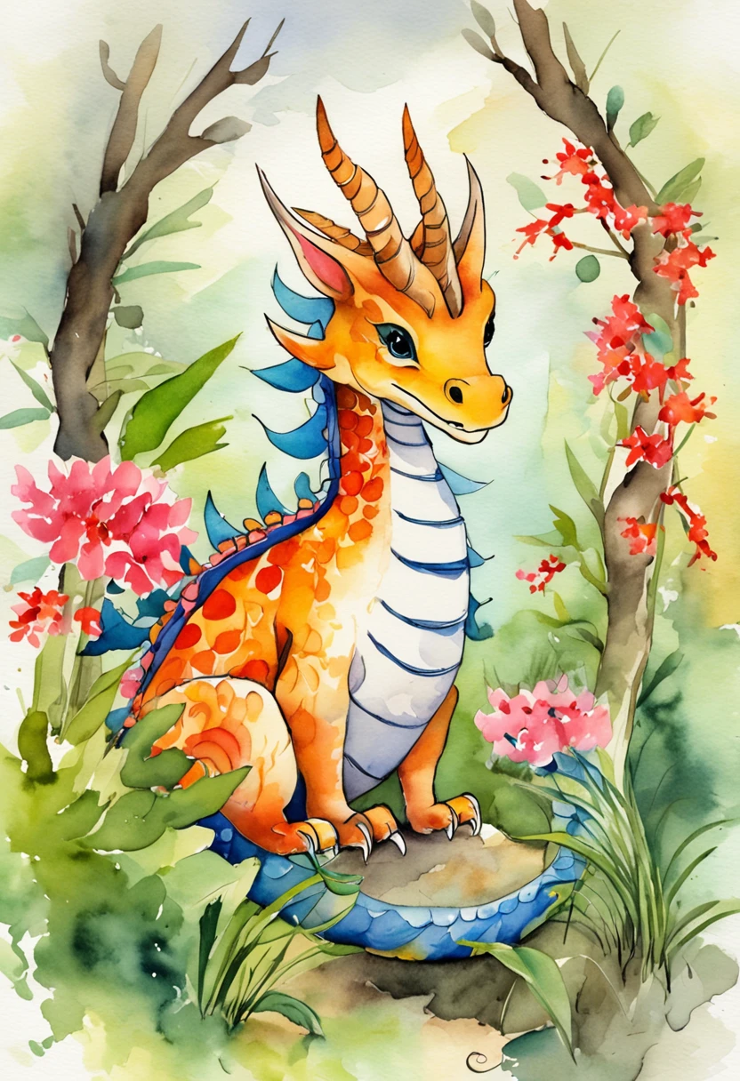 japanese manga,Cute zodiac dragon in bamboo forest, Multi-colored watercolor,