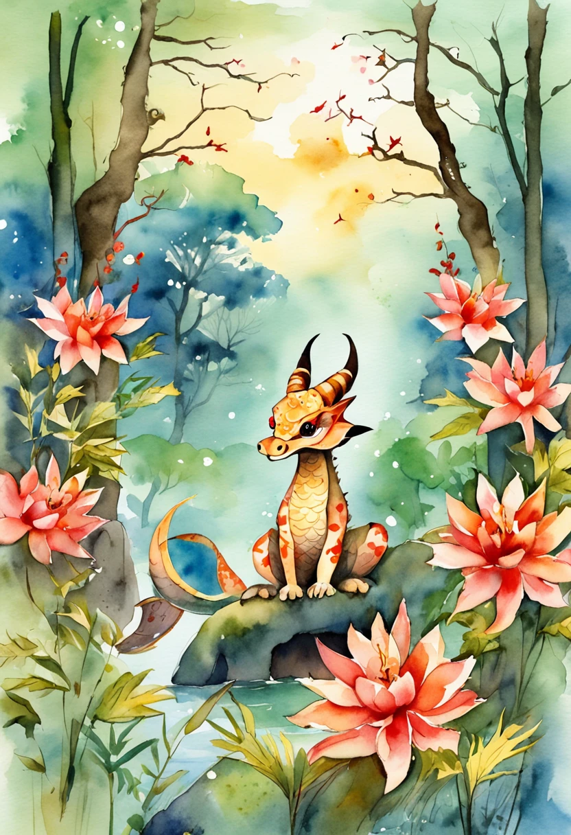 japanese manga,Cute zodiac dragon in bamboo forest, Multi-colored watercolor,