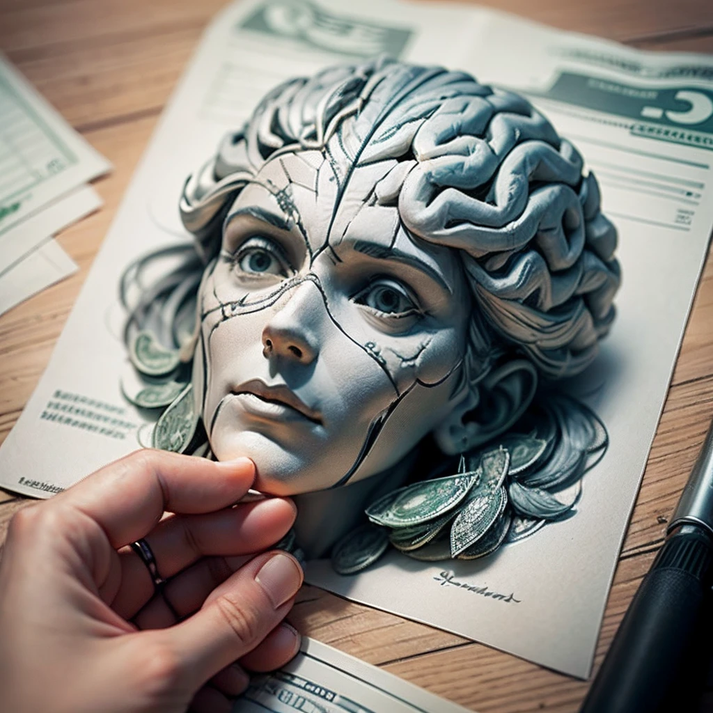 Design a brain sculpted from dollar bills, capturing the intricate interplay between wealth and cognition. Explore how the arrangement of bills, folds, and edges could symbolize the connections between financial acumen and intellectual prowess. Consider the juxtaposition of economic values and neural pathways as you craft this unique representation --auto --s2