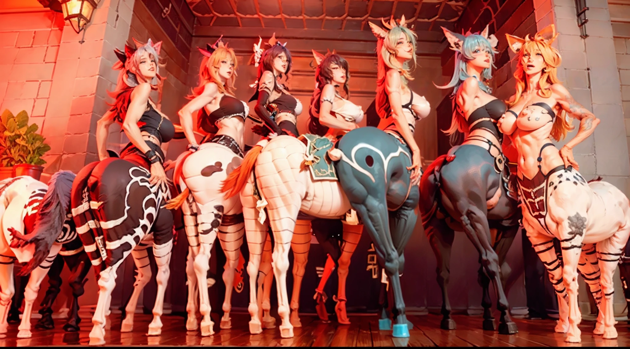 In the beautiful illustration of this super-grand scene，The ultra-long-range lens is shown（Eight unique centaur characters：9.9），They all have their own characteristics，Vivid and interesting。Radiant angelic centaurs from the heavenly realm，To the hellish centaurs surrounded by nightmarish flames，And then to the Wind Immortal Centaur dancing in the air，There are also one-horned centaurs surrounded by thunder and lightning，and mechanical centaurs that shine with metallic light，And then to the powerful dragon centaur with colored dragon scales covering the whole body，The elegant and agile elf centaur always wears a flower crown with its slender and graceful lines，Enchanting and charming Tiflin centaurs。Each character has their own unique charms and abilities。The illustration uses advanced artistic techniques and tools，（Divide the scene into sections by geometric arrangement：9.9），Each section corresponds to a centaur character，This makes more efficient use of space。Through Midjourney's advanced brush tools、Color palette、Material packs and model packs，Exquisite costumes and equipment are designed for each centaur，Enhances the character's personality and visual appeal。The scenery in the illustrations is stunning，There are changing skies、rainbowing、extreme light、Stars and Moon。Incorporating iconic landmarks such as Mount Everest，and fireworks、tranquil lake、Natural and urban elements of waves and neon lights，Creates a magical atmosphere。The centaurs showed off their skills and equipment in a variety of environments，This is true even in extreme alien landscapes。（Use Midjourney's tools、Material packs、Texture tools、The color palette makes depicting details vivid and realistic：9.9），From intricate hairstyles and clothing to authentic textures，Enhances the realism of the characters and surroundings。The fusion of multiple art styles adds movement to the centaur's movement at all angles，The overall visual experience is further enriched。The final illustration was described as a "mast