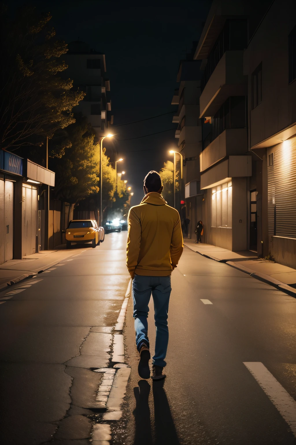 a cement road,man,Yellow clothes,Blue pants,Back Shadow,Trees are on the side of the road,the street lights,nigth,disconsolate,Solitude,desolation,Small area occupies,It was dark all around,Only the light is bright,The man is walking,Hands in your pockets,With his head bowed