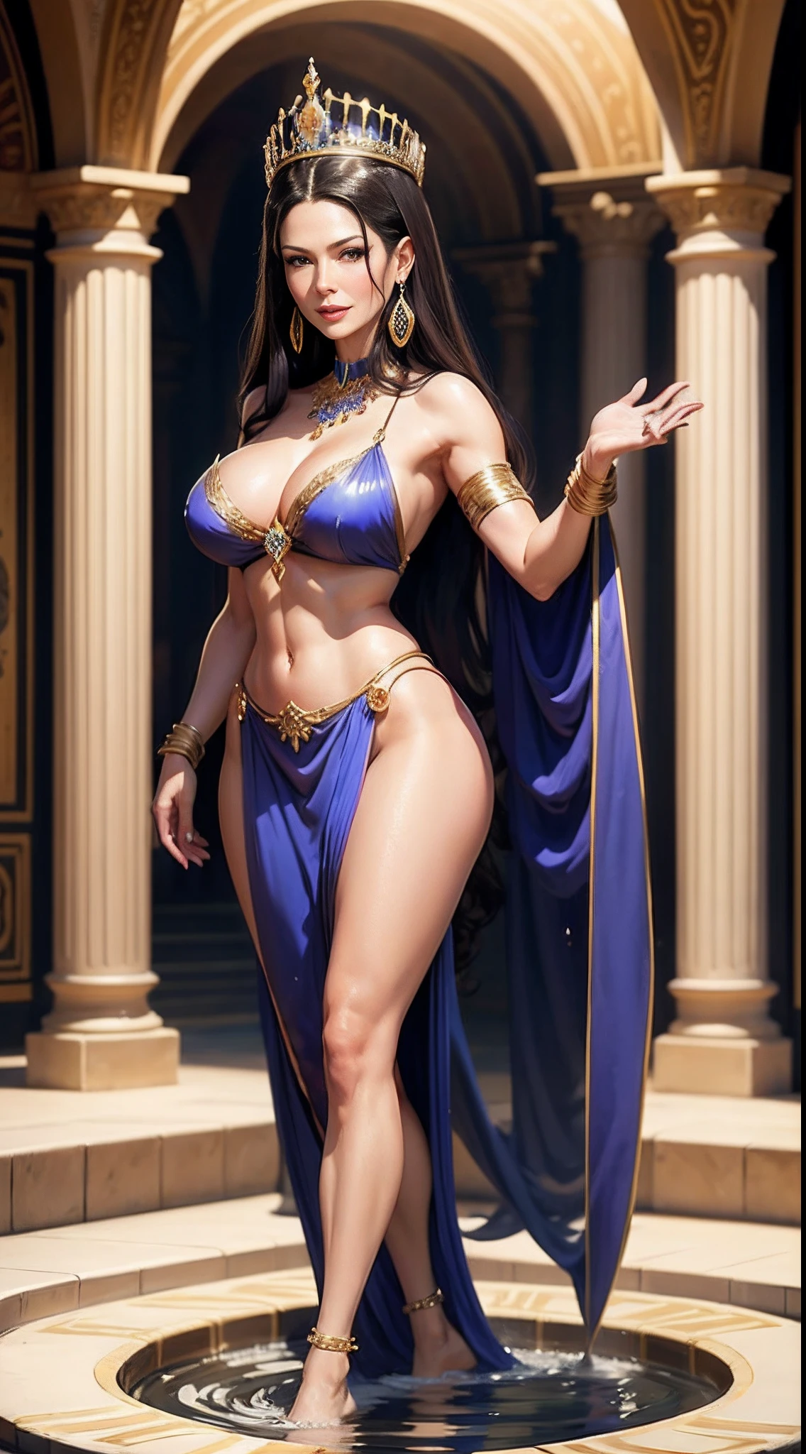 Catherine Zeta Jones, as Queen of Sheba, young, beautiful, completely naked, long earrings, long flowing hair, wearing a tiara, large breasts, deep cleavage visible, stepping into a roya bathing pool, smiling, long earrings, long hair, full body image, front view , photorealistic, high resolution