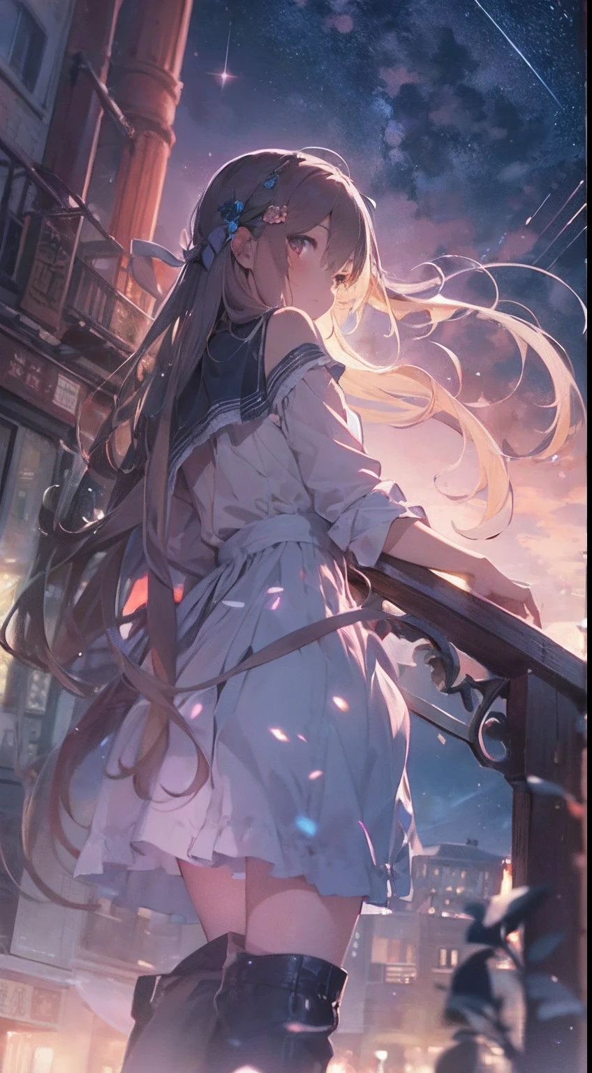 Quiet night,starry sky bright,On the roof sat a girl。She silently looked up at the starry sky,Enjoy this peaceful evening,The girl wears a light dress,The skirt flutters in the wind,Her long hair shimmered in the moonlight,Exudes freshness,Stars shine in the night sky,They were like winking at a girl,As if he wanted to share this beautiful moment with her,The bricks on the roof take on an ancient beauty in the moonlight,A stark contrast to the neon lights of the city,The girl gently opened her eyes,She seemed to feel the beauty of this world,Her face appeared quiet and calm in the starlight,Her body swayed gently in the night breeze,It's as if you're at one with this peaceful night,The picture is full of tranquil beauty and tenderness,One guy々Let the night sky be mysterious and peaceful,visto ao longe, Atmospheric lighting, Focus individually, closeup cleavage, seen from the side, depth of fields, Background bokeh,best qualtiy,tmasterpiece,Very detailed,细致背景,