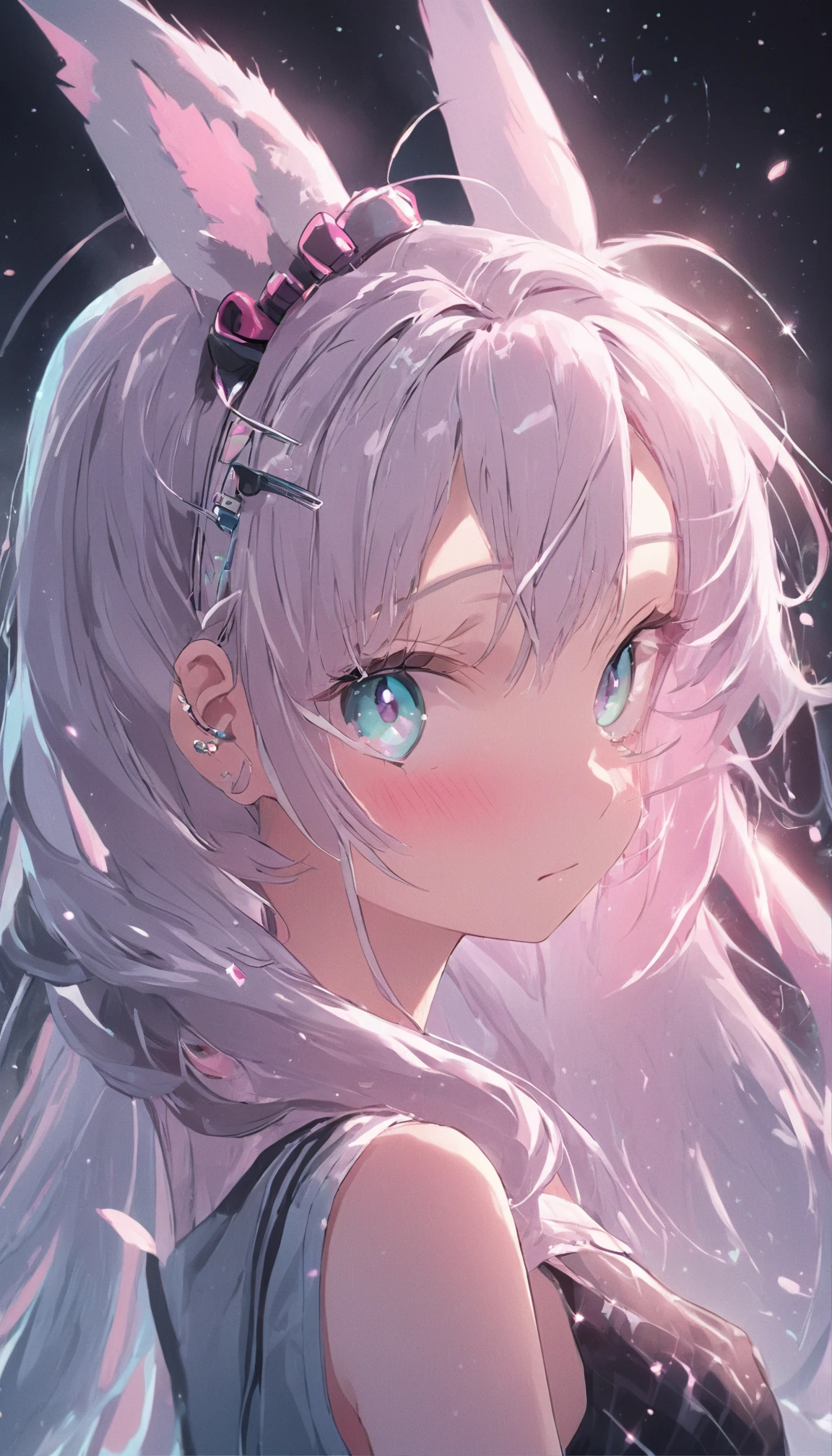 ((8K illustration,Great Masterpiece, Best quality)),((light grey hair,long twintails,straight hair)),((watery eyeballs,deep emerald eyes)),(((pink headband))),((pink rabbit ears)), ((Ray tracing ,Best illumination,concentrated haze,Best cinema lighting, Highly detailed skin,highly details eye ,dynamic degree view,Highly detailed face ,Reflective eyes ,reflective hair,highly detailed hair,Extremely delicate and beautiful stars,on the water)),Dramatic angle,((Nature,Cute face)),(bloom),(painting of beautiful),(((Long eyelashes,Beautiful eyes shadow))),((intricately details)),Solo,one girl ((((Beautiful and detailed cloth,black formal dress)))),Seductive smile,((((view the viewer,bust)))),((arms behind back))