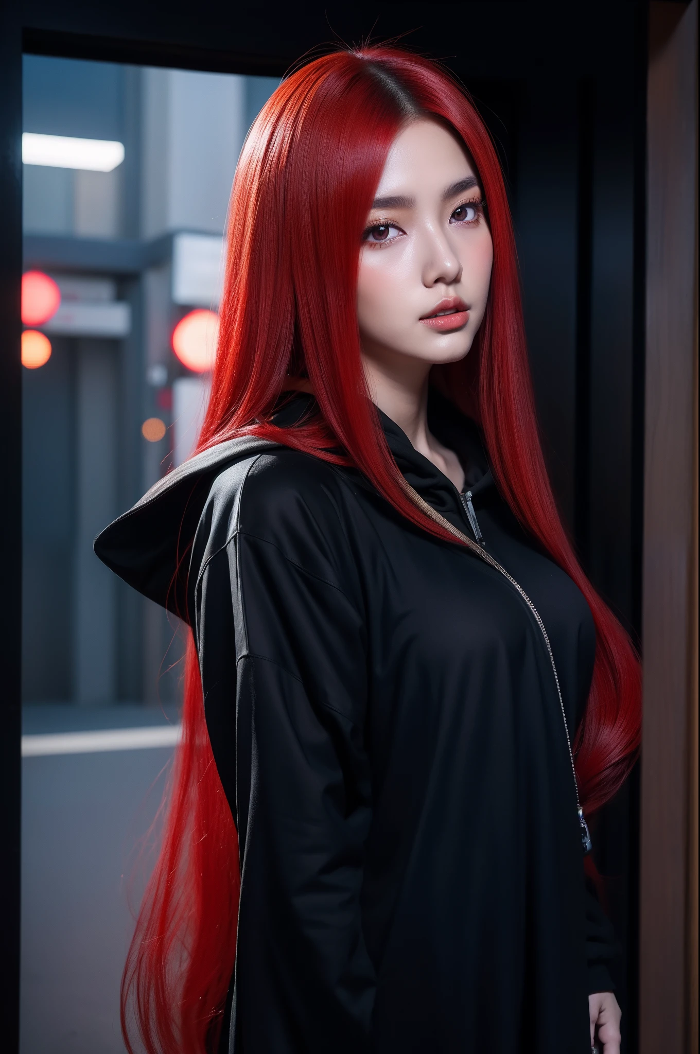 anime girl in a black outfit with a sword in her hand, very beautiful cyberpunk samurai, digital cyberpunk anime art, anime cyberpunk art, cyberpunk anime girl mech, cyberpunk anime girl, cyberpunk anime art, female cyberpunk anime girl, cyberpunk geisha, digital cyberpunk - anime art, cyberpunk samurai, anime style 4 k, badass anime 8 k, cyberpunk anime girl in hoodie, beautiful south korean woman, korean girl, beautiful young korean woman, korean woman, heonhwa choe, korean women's fashion model, sexy look, big breast, sexy pose, show breast, light red hair