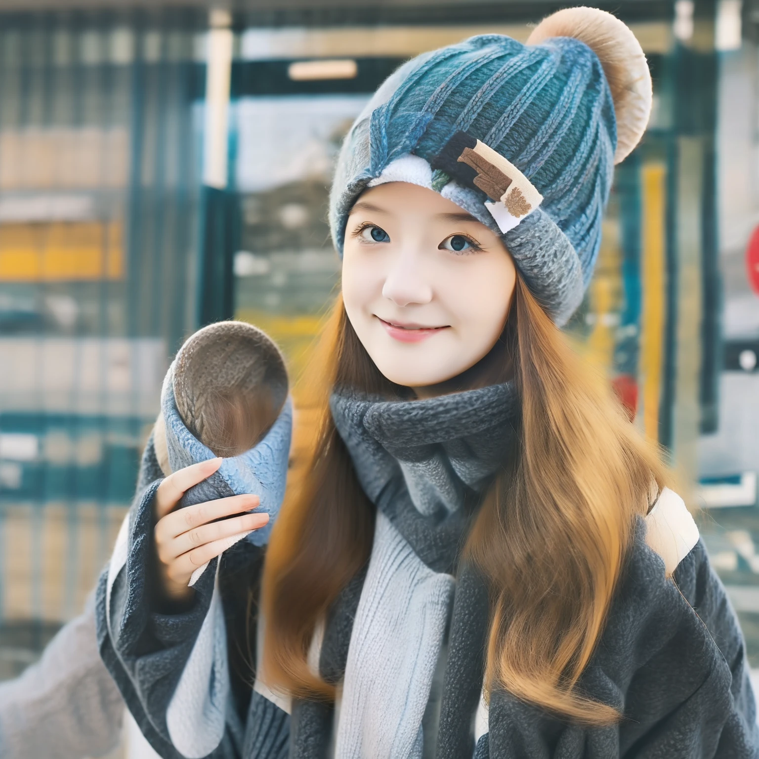 English flavor pure girl（（（flatchest））），（（（Blonde hair，Long hair））），（（（Wearing a winter beanie））），（（（Wear clothes with woolen buttons））），（（（Wearing a blue Bailey women's casual hat）））Book in hand ，（（（The light is gentle）））