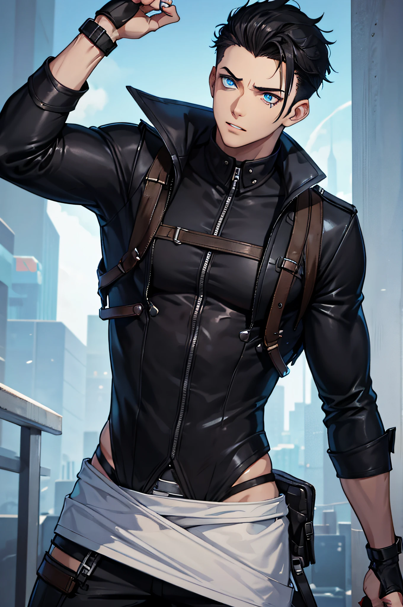 Male Character. He is a Zombie. He has black hair. He has a short undercut hairstyle. He has glowing, light blue eyes. He is well built. He is tall.