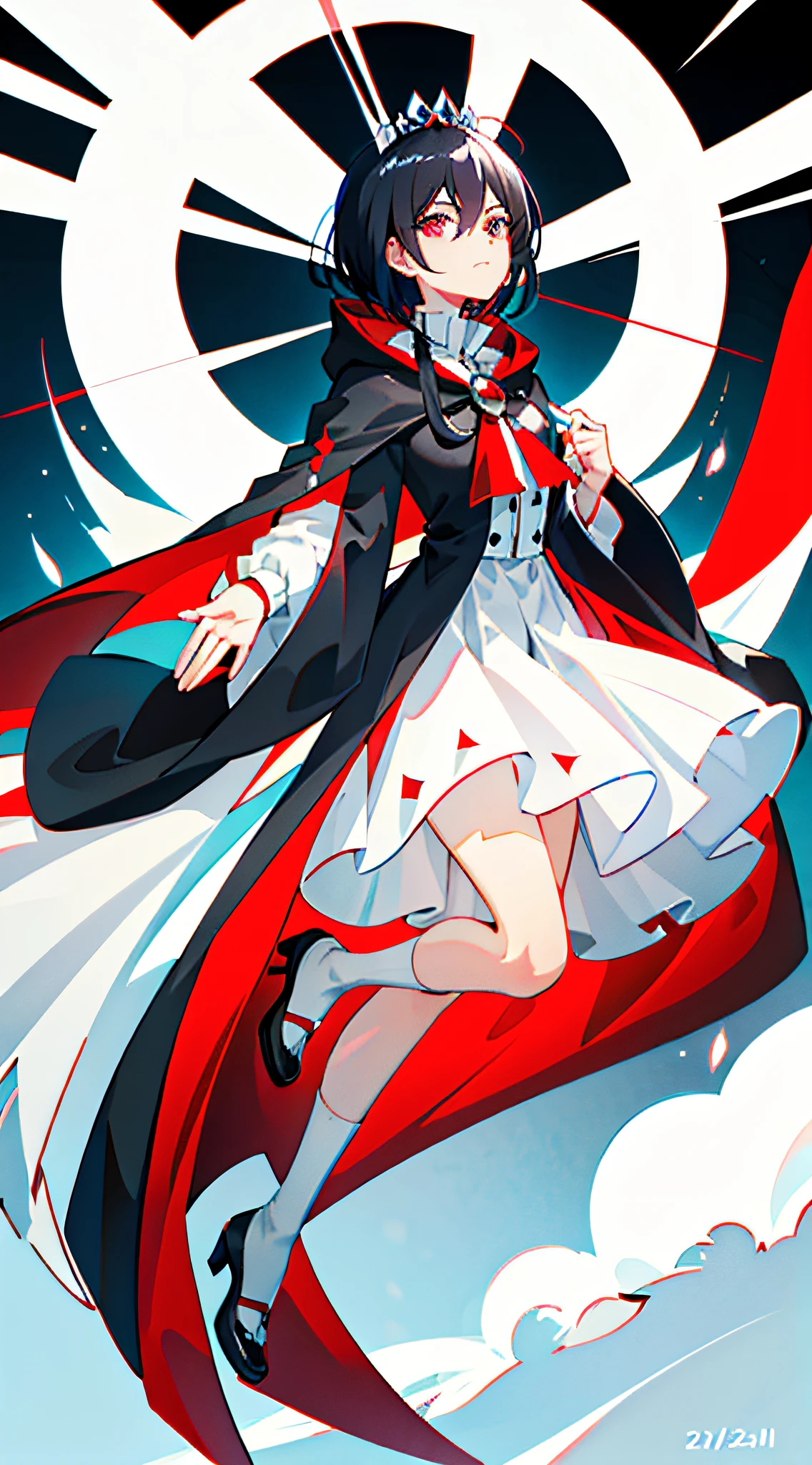 The woman had black and white hair;Slender、Slender eyebrows;The black eyelashes showed that she was more aura;Sapphire blue pupils,There is a small mouth of dark red cherry under the small nose,These are unique characteristics of the ancient Getsu family。The woman wore a red cloak,There is also a ring of white fluff at the neckline,She wears a white dress underneath,White stockings are worn on slender legs,The red high heels on her feet made her look mature,sedate,without losing its flattery