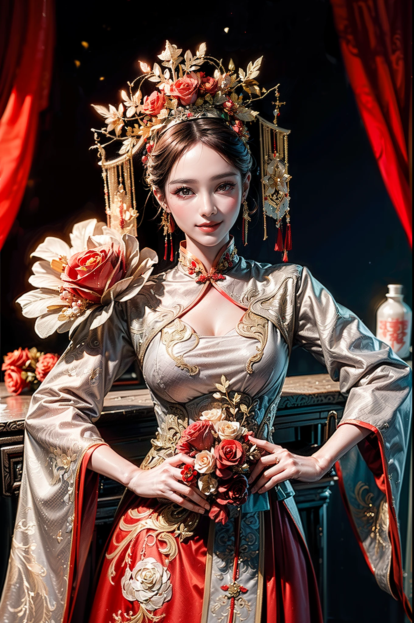 (A half body:1.7), (anatomy correct:1.5), (A starry night:1.2),((a Chinese wedding):1.3), ((The bride wears a Chinese wedding dress), (red color: golden colored:0.7) , (Hand the viewer a bouquet of roses):1.25), Phoenix crown, Heavy makeup, smile, golden jewelry, high details, super detail, textured skin, high quality, masterpiece, highres
