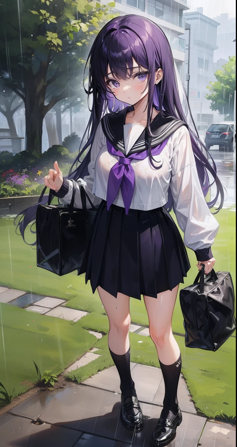 a girl（（there is a five-pointed star in her eye））a girl with long purple hair，JK school uniform，very heavy rain，in the middle of the rain，big lawn，soaking water，black Lence socks