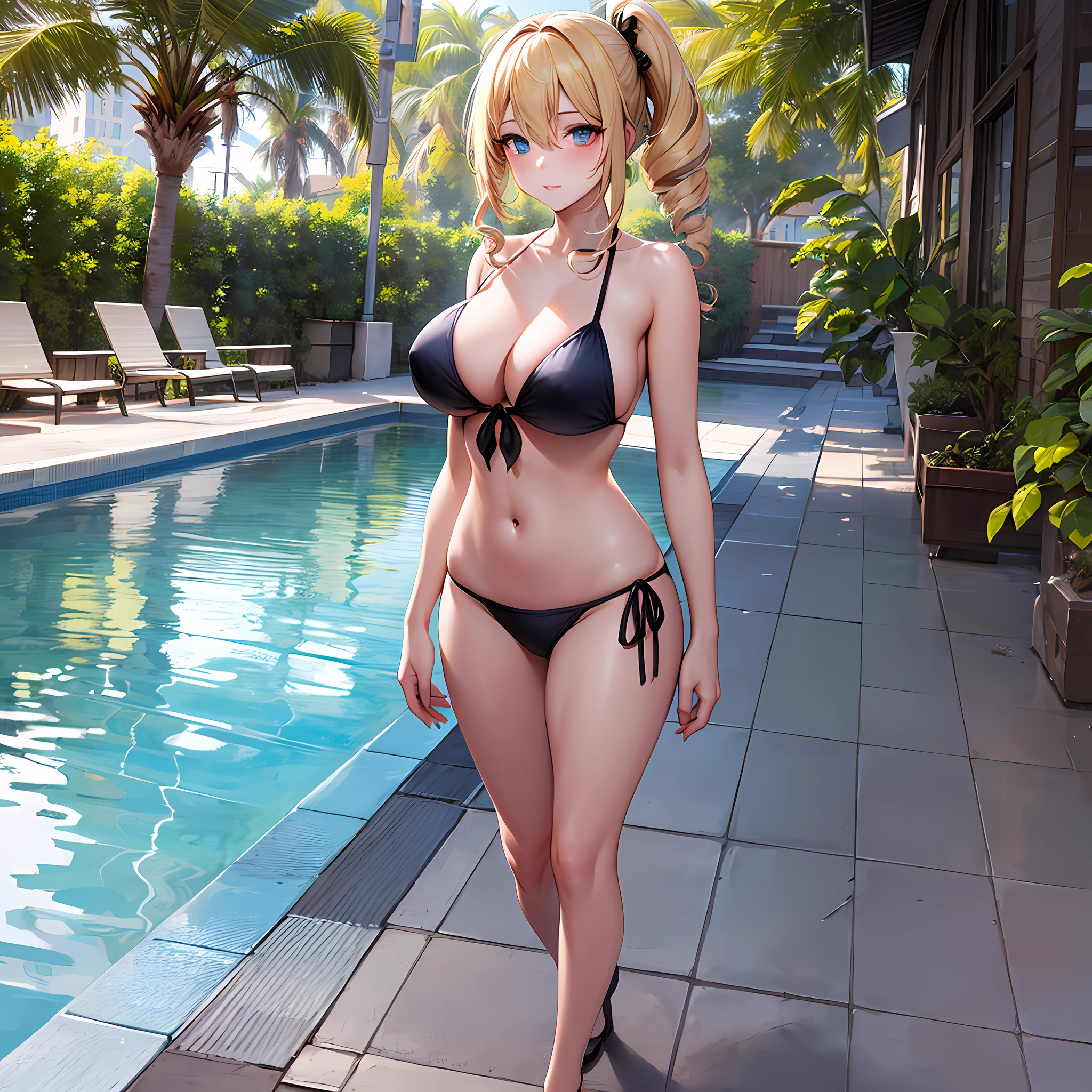 best quality,high resolution,a beautiful girl,15 old year,blonde hair,middle hair,twin drills,hair between eyes,heterochromia,black eyes,blue eyes,full body,large breasts,side-tie bikini bottom,Walking by the pool