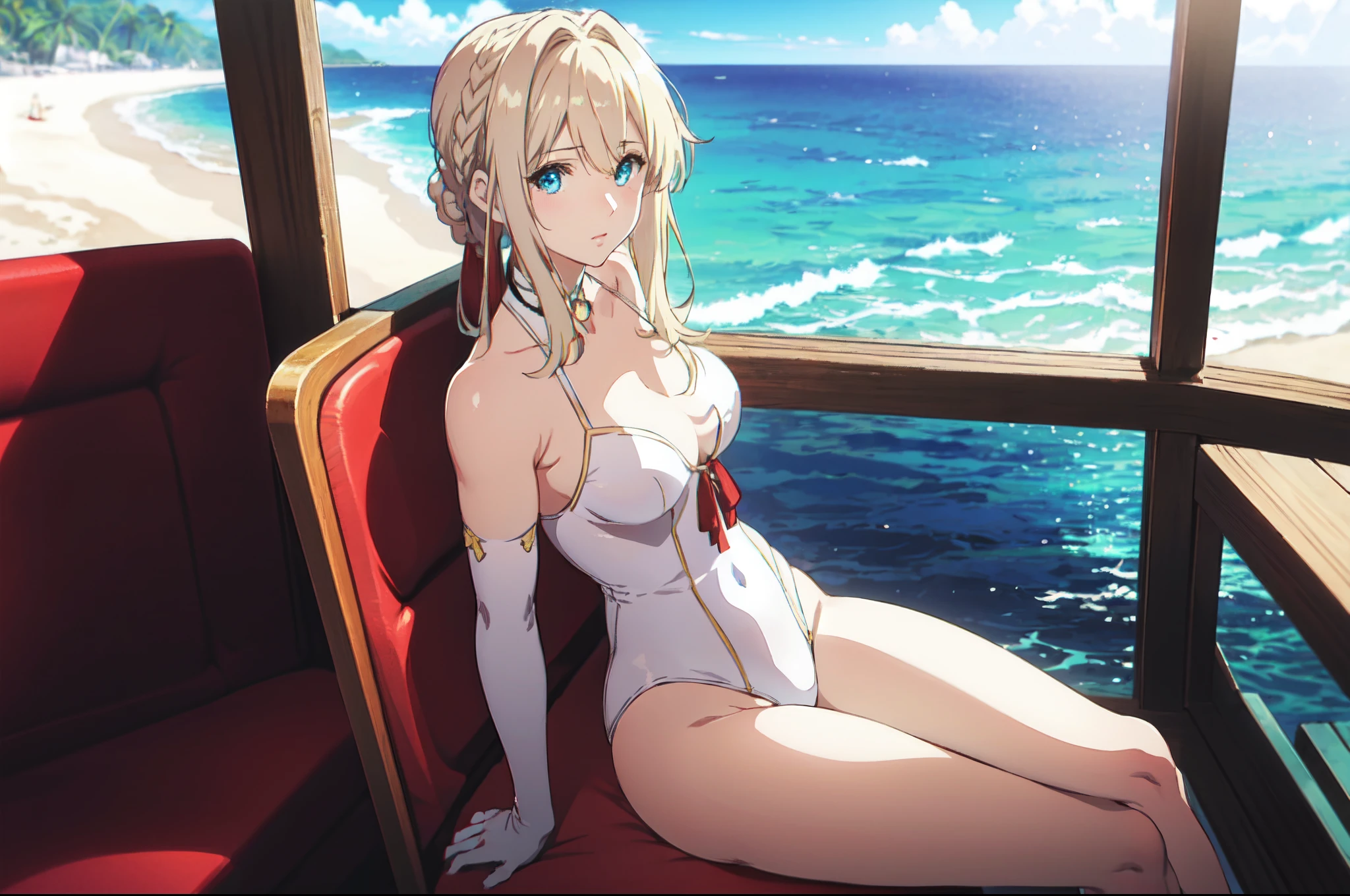 Violet evergarden, braid, blonde,red ribbon, blue eyes, elbow gloves, red ribbon,white swimsuit, sit down relaxing , beach, sunlight, perfect lighting, sea, ocean, from side, looking at viewers, solo, 1girl, highly detailed, full of details