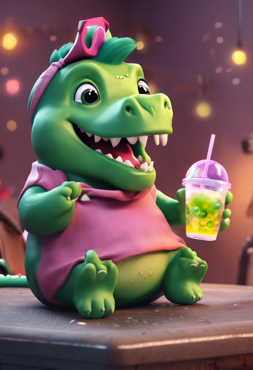 A cute little green dinosaur holding bubble tea