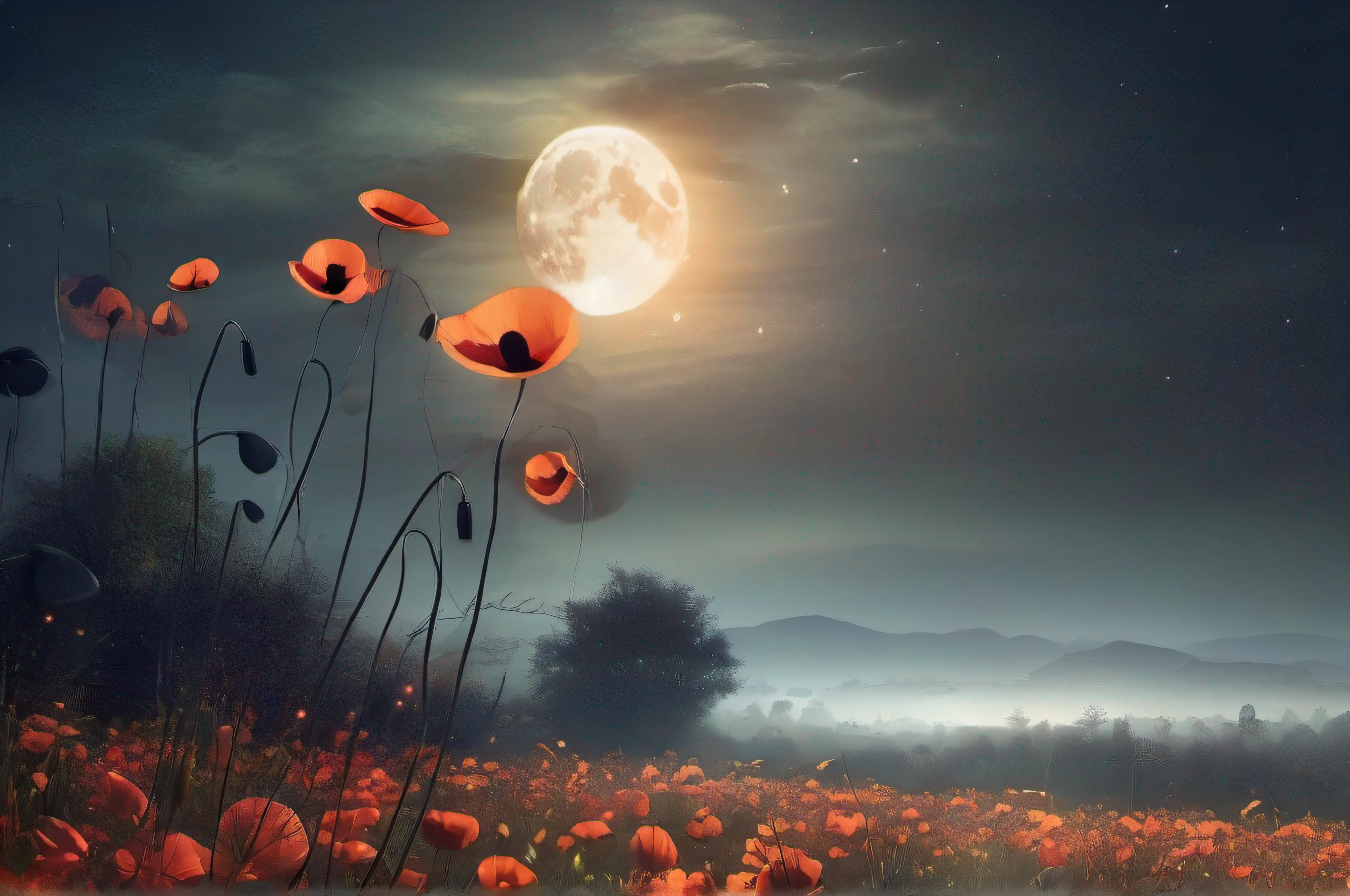 "Enigmatic and captivating atmosphere. Black poppies blooming under the radiant glow of a full moon."