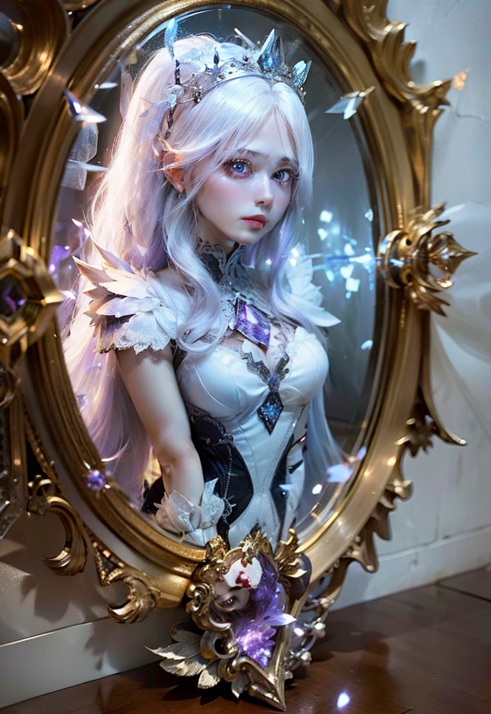 Female, angel , queen, elegant,beautiful,long white hair , Trapped inside a broken mirror,Wearing clothes made of purple crystals, a hollow chest that emits death magic , realistic, ultra detail, perfect face, perfect eyes,8k, ultra HDR, photography,Wears a mirror crown,best quality, blue diamond dress ,full body , white dress