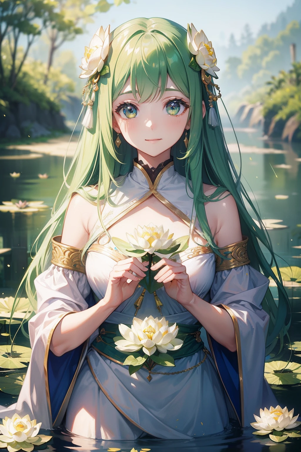 masutepiece, High resolution, 8K, anime woman, Delicate and detailed writing 、Detailed digital illustration、Aristocratic clothing、Very long hair and shiny、a very beautiful woman、Eyes are double, Big and cute,、Bust is D cup、High image quality, High quality、Detailed background、I'm wearing a hair ornament.、Glittering background、The inside of the eye shines like a diamond、4 fingers, 1 thumb、Detailed female face、Smile、Very beautiful and cute woman、light green hair、Very luxurious hair jewelry、Go inside the pond、froggy、A smile、Photo up to the waist、Lots of beautiful lotus flowers on the background、stardust、Soft Focus , Bright gradient watercolor , Lens Flare , Glitter , Glow , Dreamy Backgrounds Main、Far angle、(((Very beautiful lotus flower、lotus leaves)))、The main thing is a large lotus flower、There are frogs