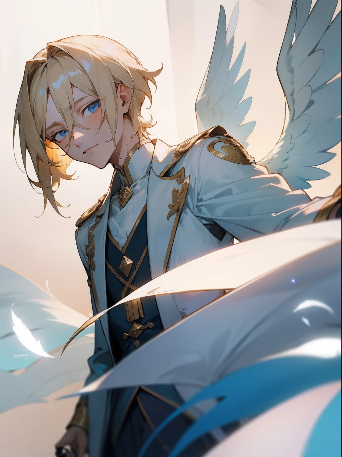 masterpiece, best quality, male character, light blonde hair, blue eyes, silky hair, chin length hair hair, short hair, angelic, white, feathers, bright, stylized character design, high quality character design, detailed character design, great character design, male, highly detailed outfit, sickly, elegamt, eichi, eichi tenshouin, smug, frontage, lateral face, lovely boy, perfect face, detailed eyes, elegant, handsome man, facing camera, elegance, handsome, light background, light room, candid, neutral face, indoors, clouds, pale lighting, relaxed, peaceful, beautiful, happy, kind, gentle, tall man, sexy anime man, hot, detailed background, avant- grade , original, rgkg, bishonen, bishi