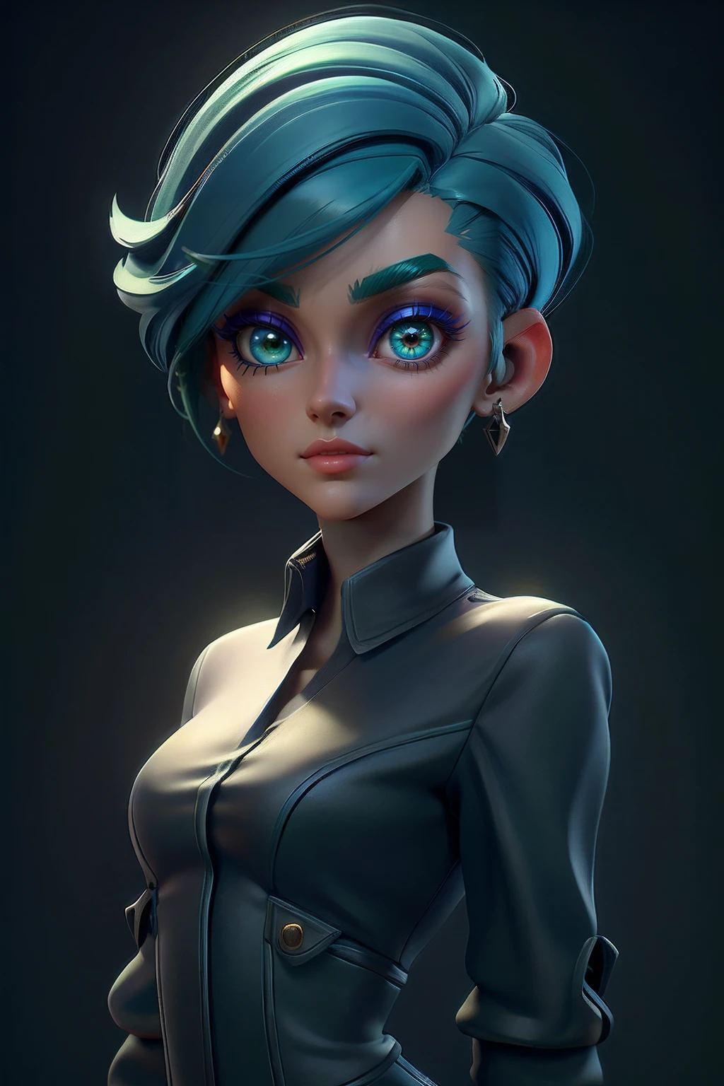 a close up of a cartoon character with blue hair and green eyes, 3 d render stylized, stylized 3 d, stylized portrait formal pose, stylized character design, stylized character, deviantart artstation cgscosiety, 3 d render character art 8 k, close up character, stylized 3d render, very stylized character design, 2 d illustration