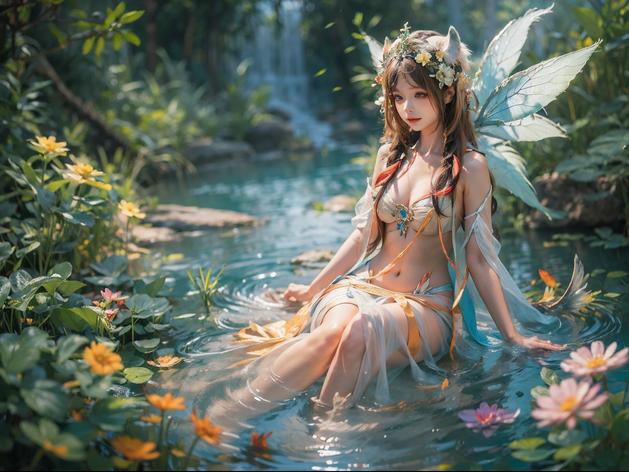 "A mesmerizing and enchanting depiction of a captivating 'Flower Fairy' in a pristine and magical woodland with a pond close to a waterfall setting, with delicate and vibrant flowers adorning her flowing gown. The fairy possesses an otherworldly beauty with ethereal wings, her graceful pose exuding a sense of wonder and magic. Let the colors come alive with a vivid and dreamlike atmosphere, drenched in soft sunlbeams and shimmering particles of pollen. Create a masterpiece capturing the essence of nature's enchantment and the mystical presence of the 'Flower Fairy'."