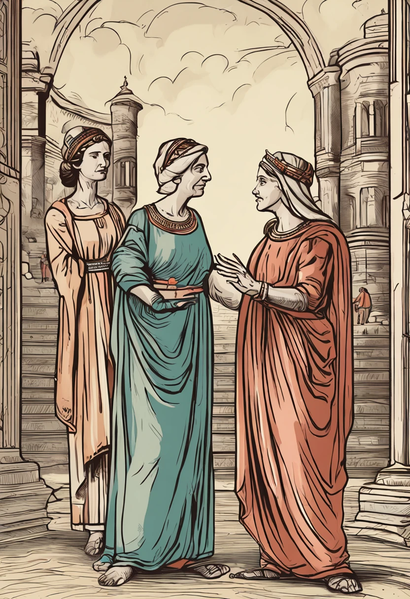 generate an image In the setting of an ancient palace or castle, Two women are in a heated argument before the king. They seem to be standing, posicionadas de forma oposta, with a 5-year-old child located between them. Each woman holds the child's hand, creating an image that harks back to the ancient story of King Solomon's trial. The atmosphere is tense, expressed by the wrinkles on the forehead and the gestures of the women's agitated hands. Their clothes are distinctive, perhaps indicating their positions or origins. The 5-year-old in the middle is a symbolic representation, not a realistic image. A cena evoca dramaticidade e conflito, the child being the focal point of tension between women.