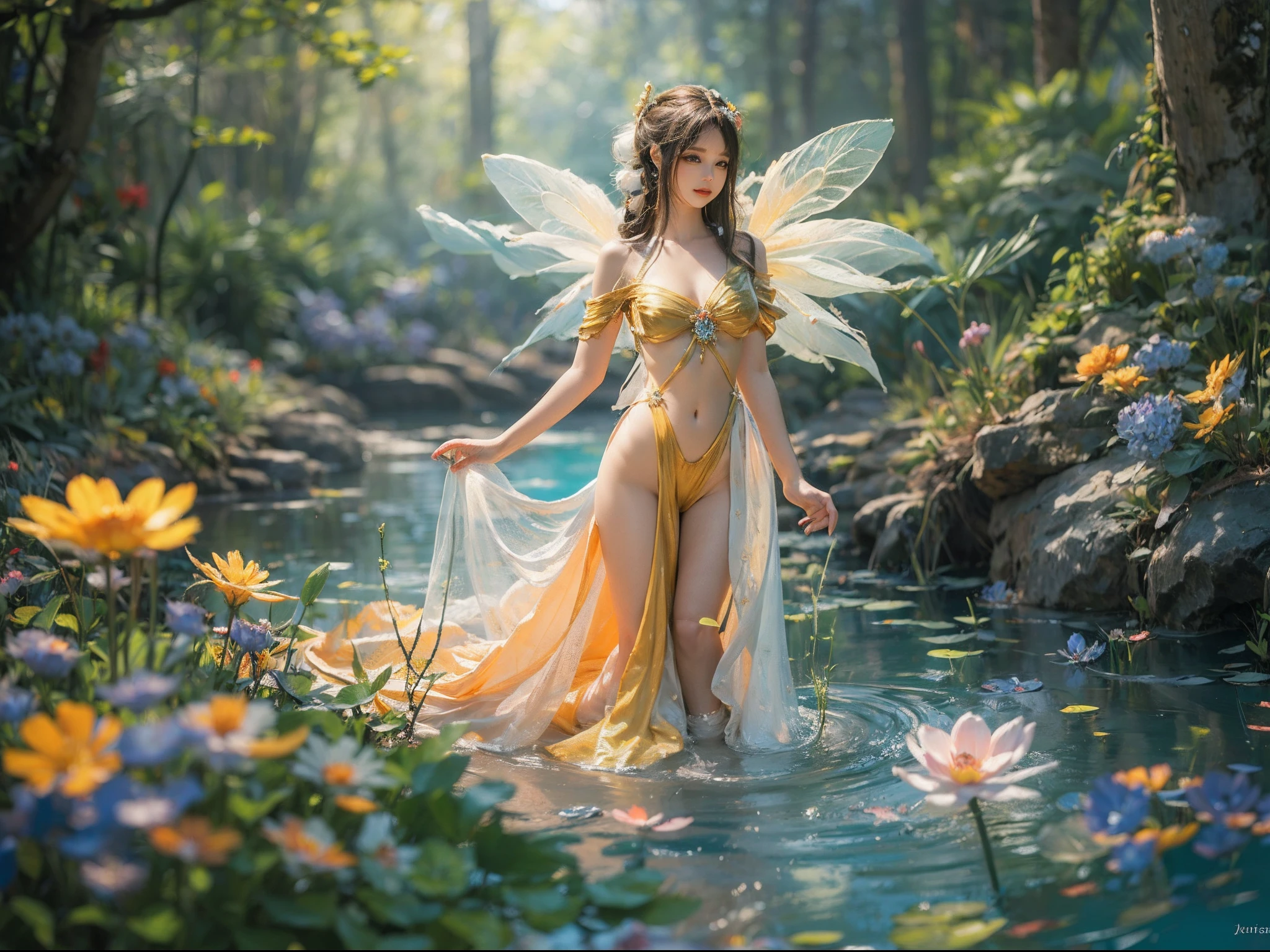 "A mesmerizing and enchanting depiction of a captivating 'Flower Fairy' in a pristine and magical woodland with a pond close to a waterfall setting, with delicate and vibrant flowers adorning her flowing gown. The fairy possesses an otherworldly beauty with ethereal wings, her graceful pose exuding a sense of wonder and magic. Let the colors come alive with a vivid and dreamlike atmosphere, drenched in soft sunlbeams and shimmering particles of pollen. Create a masterpiece capturing the essence of nature's enchantment and the mystical presence of the 'Flower Fairy'."