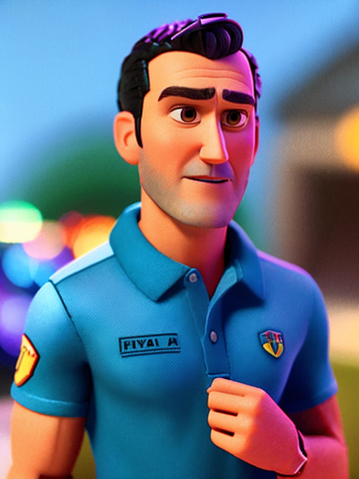 HOMEM, (estilo pixar) (obra-prima:1.2) (bokeh) (melhor qualidade) (pele detalhada) (textura detalhada) (8k) , WEARING A BLUE POLO SHIRT AND WEARING JEANS , (claymation) (cinematic lighthing) (foco nítido
