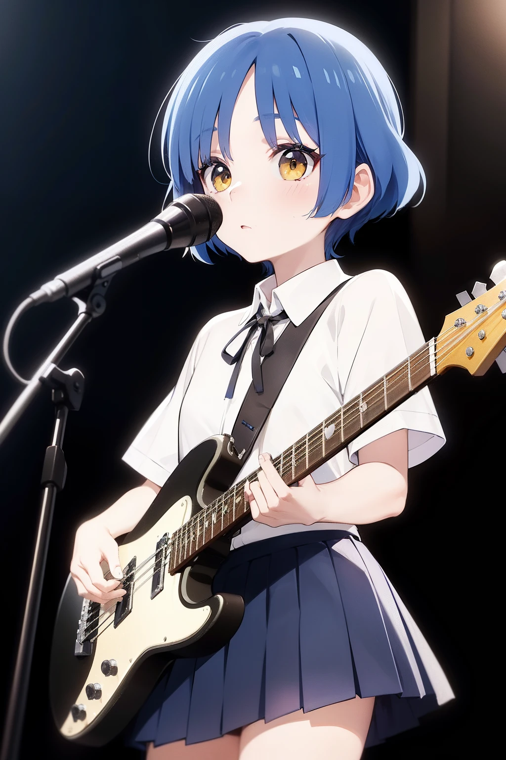 anime girl with blue hair sitting on the ground in front of a window, anime moe artstyle, short blue haired woman, seductive anime girl, the anime girl is crouching, rei hiroe, an anime girl, 2 d anime style, young anime girl, anime visual of a cute girl, full body portrait of a short!, attractive anime girl, in anime style, 1girl in、25-years old、large boob、I can see the lower breasts、full body Esbian、A dark-haired、hotpants、pantiy、Beach、A slight smil、1womanl、(Super beautiful)、(beauitful face:1.5)、(A detailed face:1.5)、(A detailed eye:1.1)、(Detailed lips:1.1)、(Detailed nose:1.1)、(plays the electric guitar:1.5)、(electric guitar:1.5)、(with spreading legs:1.2)、(Showing white panties:1.4)、(tshirts)、(Black miniskirt:1.5)、(light brown hair:1.1)、(on stage at a rock concert:1.3)、(At SFW:1.1)、1womanl、(Super beautiful)、(beauitful face:1.5)、Clear pubic contours、Squatting、Spread your legs、(white panties:1.4)、(high-school uniform)、(Dark blue pleated skirt)、(Wear black loafers)、(Sidewalk in Shibuya at night)、Neon sign、(At SFW:1.1)